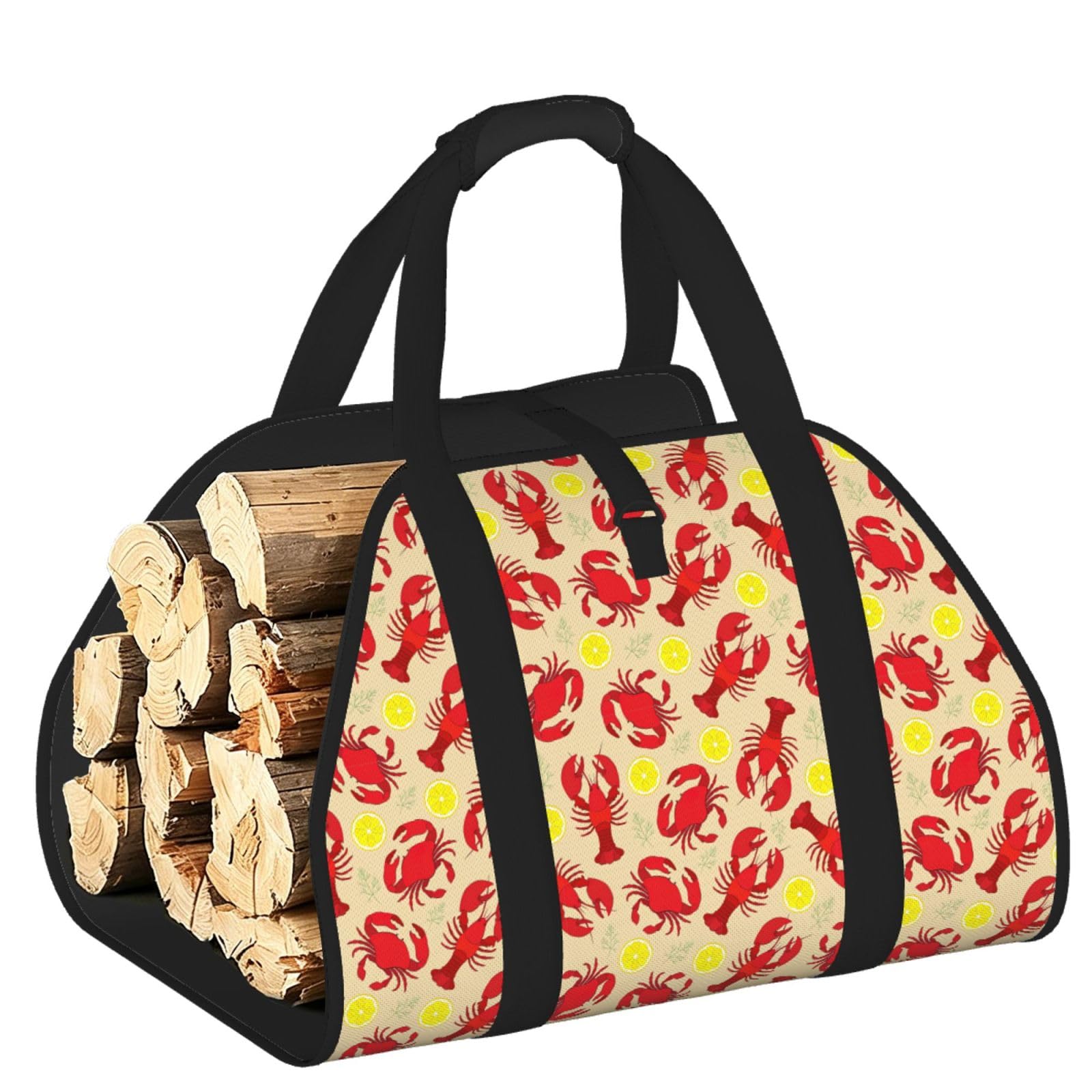 Ayyqwe Black Lobster And Crab Print Firewood Bag Wood Waterproof Versatile Camping Picnic Storage Daily Home