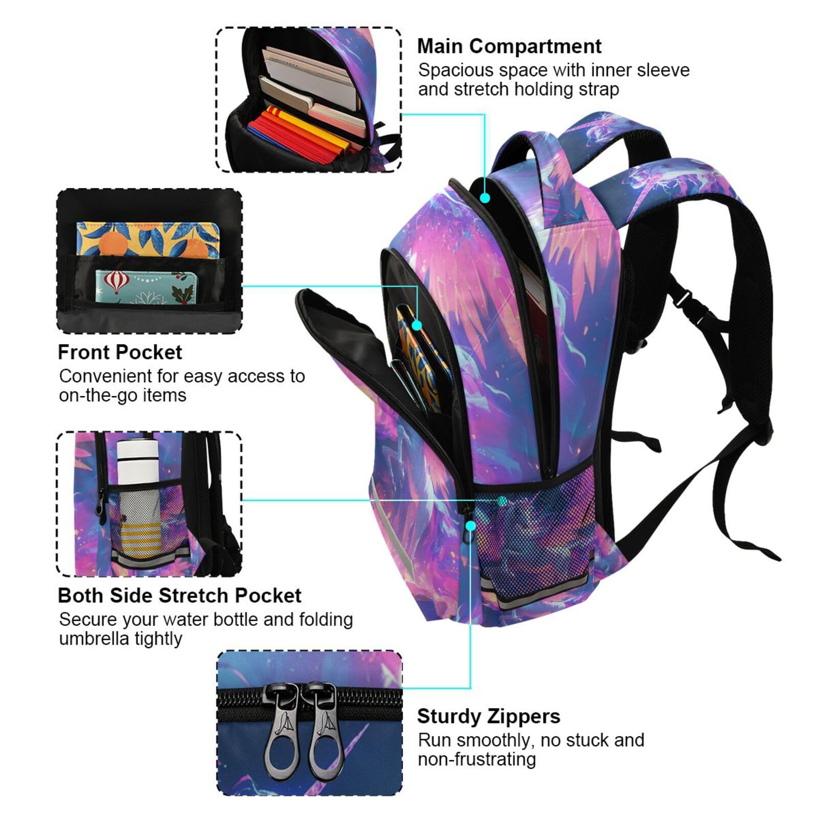 Unicornio Caballo Princesa Mochila Niño y Niña, Mochilas Escolar Grande Reflectante para Infantil Mochila Portátil de Mujer Hombre Viaje