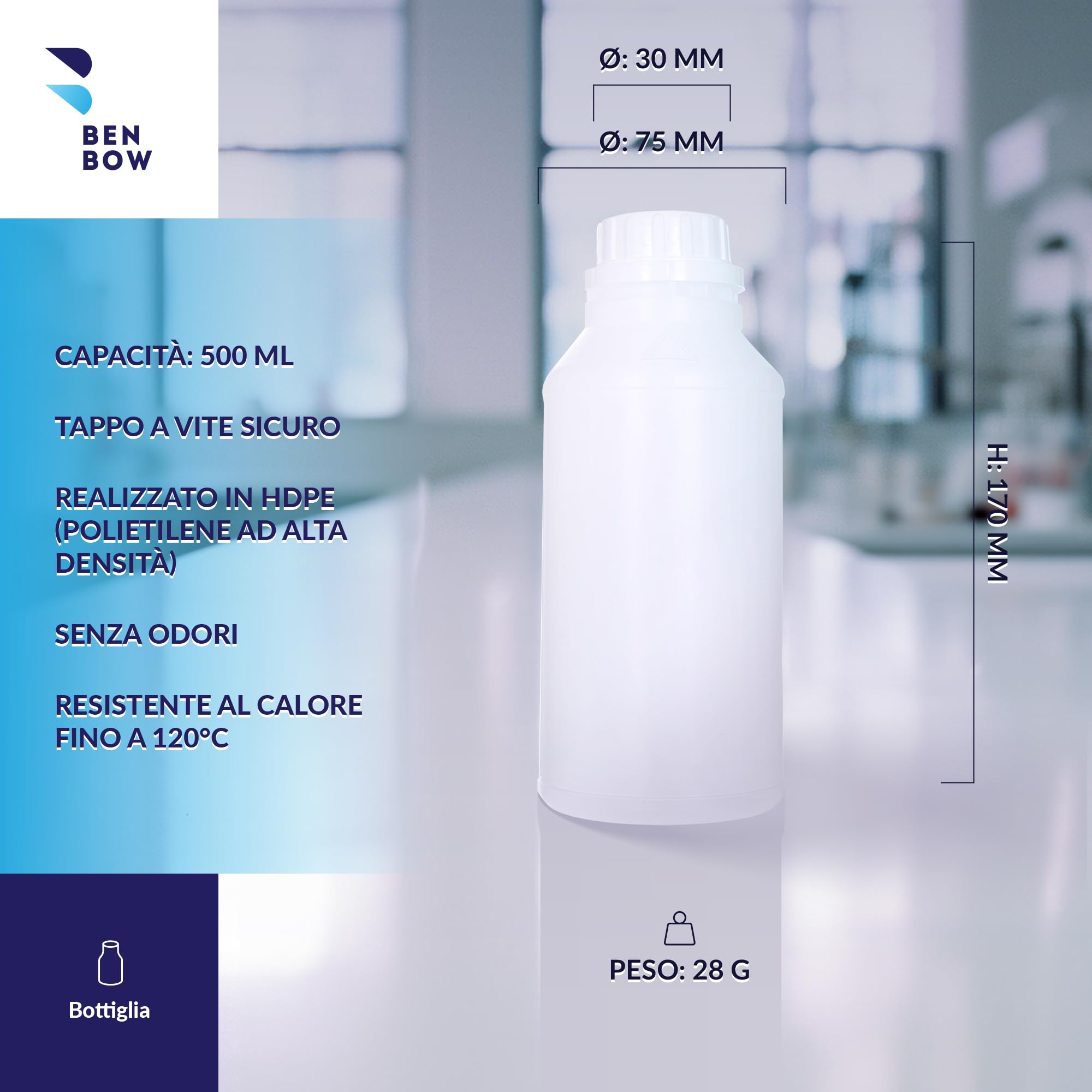 BenBow Bottiglia in plastica HDPE da 100x 500 ml con tappo a vite e scala per una sicura conservazione di liquidi e sostanze chimiche - ideale per uso domestico, laboratorio ed industria