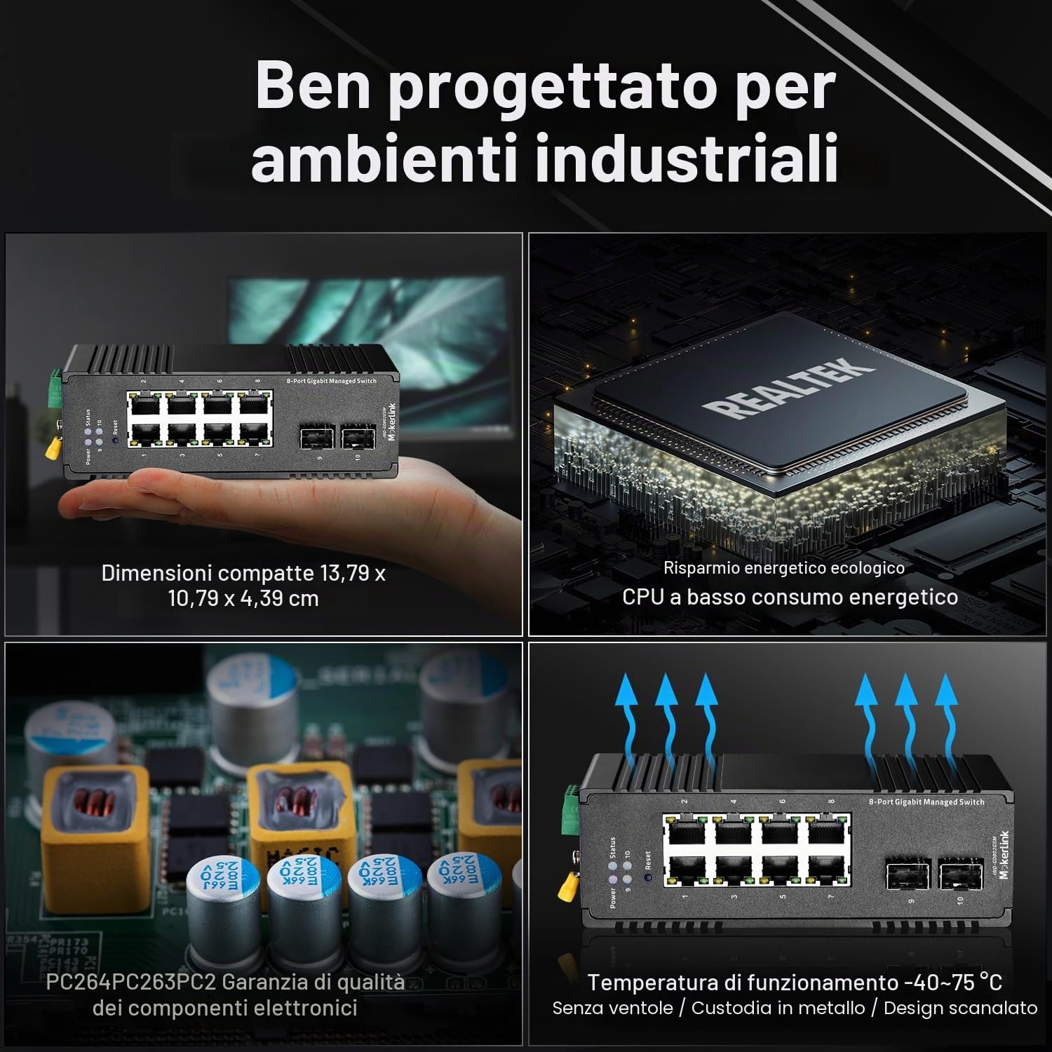 MokerLink Switch Ethernet a 8 porte Gigabit industriale DIN-Rail gestito, 2 porte SFP, capacità di commutazione 20 Gbps, switch di rete Web L2+ gestito IP40, con alimentatore di rete
