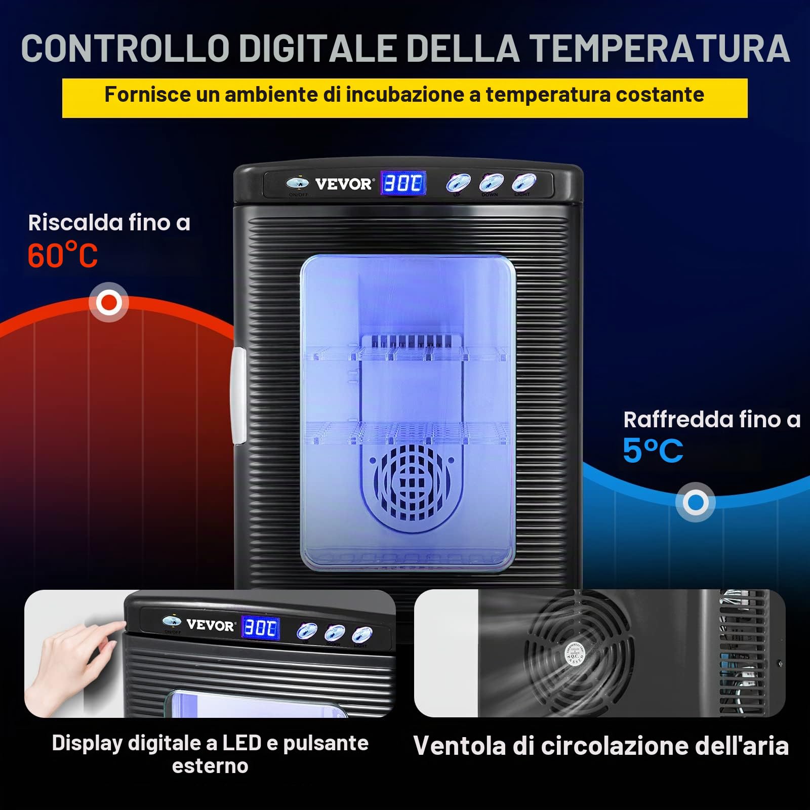 VEVOR Incubatrice per Uova di Rettili 25L, Display LED, Regolazione Temperatura 5-42℃, Riscaldamento e Raffreddamento, 220V, per Laboratorio e Cova Uova