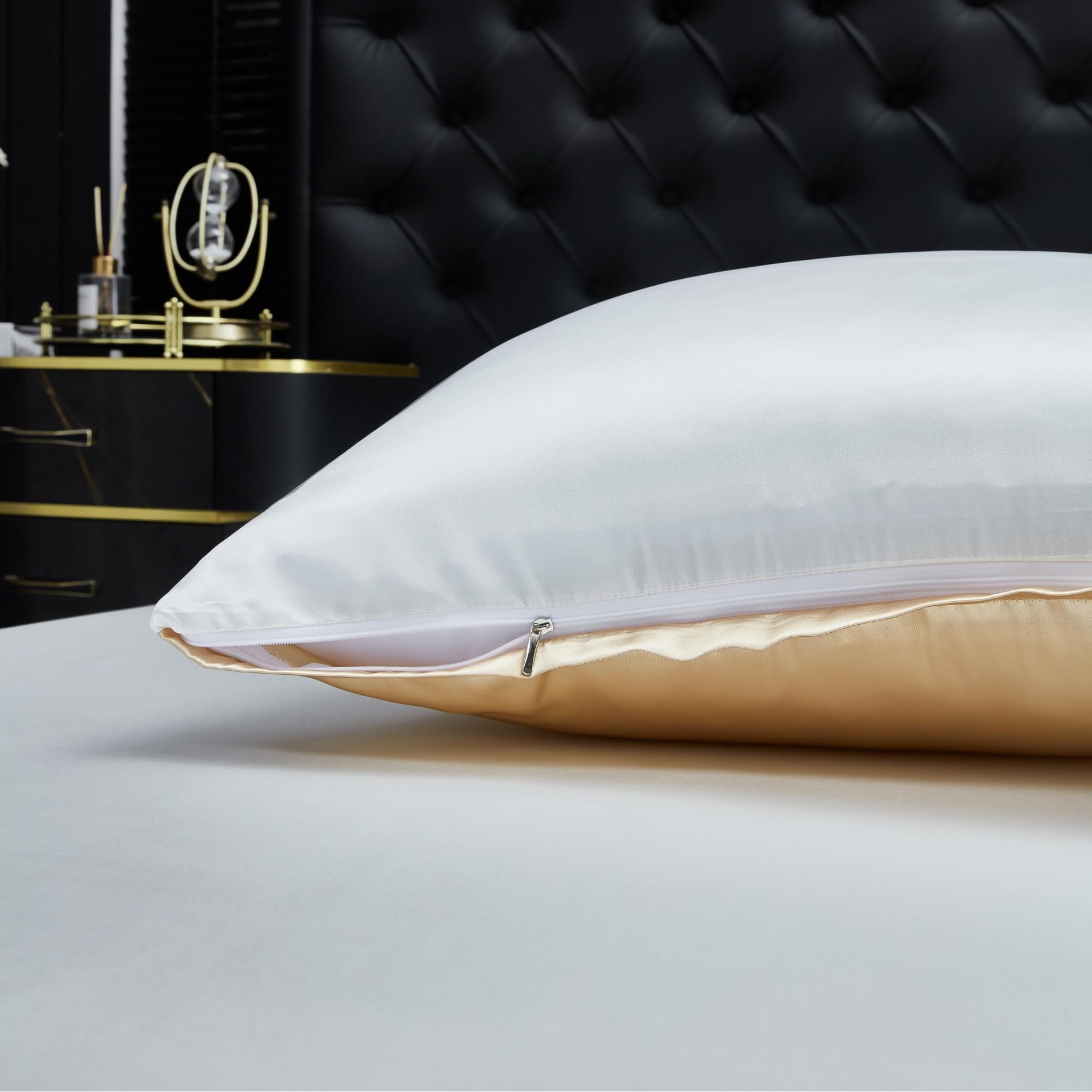 Ropa de cama de satén de 220 x 240 cm, reversible, color beige, dorado y blanco, funda nórdica de seda lisa y brillante, suave, sedosa, ropa de cama de 3 piezas con cremallera y 2 fundas de