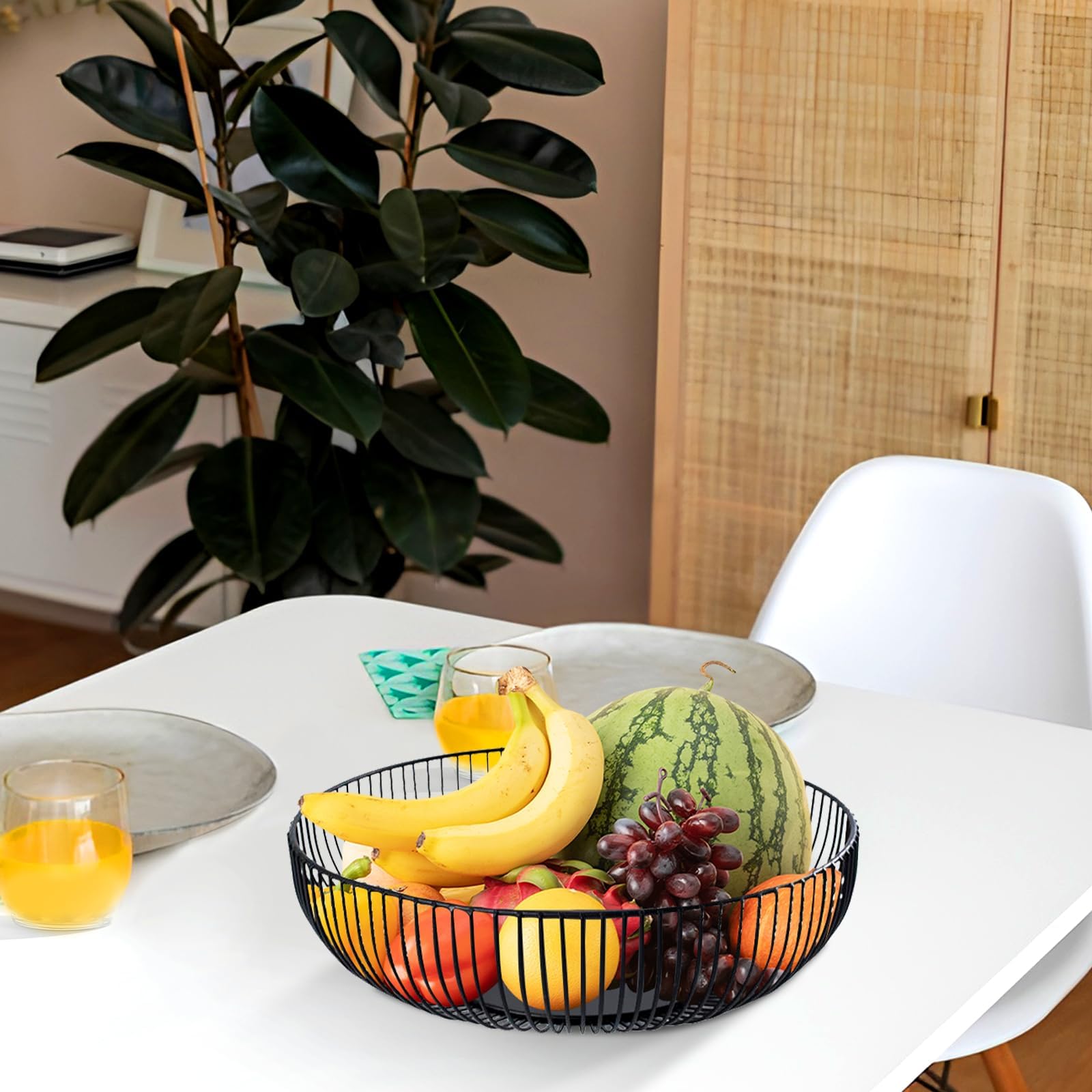 Confezione da 2 ciotole per frutta in filo metallico da 28 cm, cestino per frutta in metallo nero per bancone della cucina, ciotola rotonda per pane e frutta, centrotavola decorativo moderno
