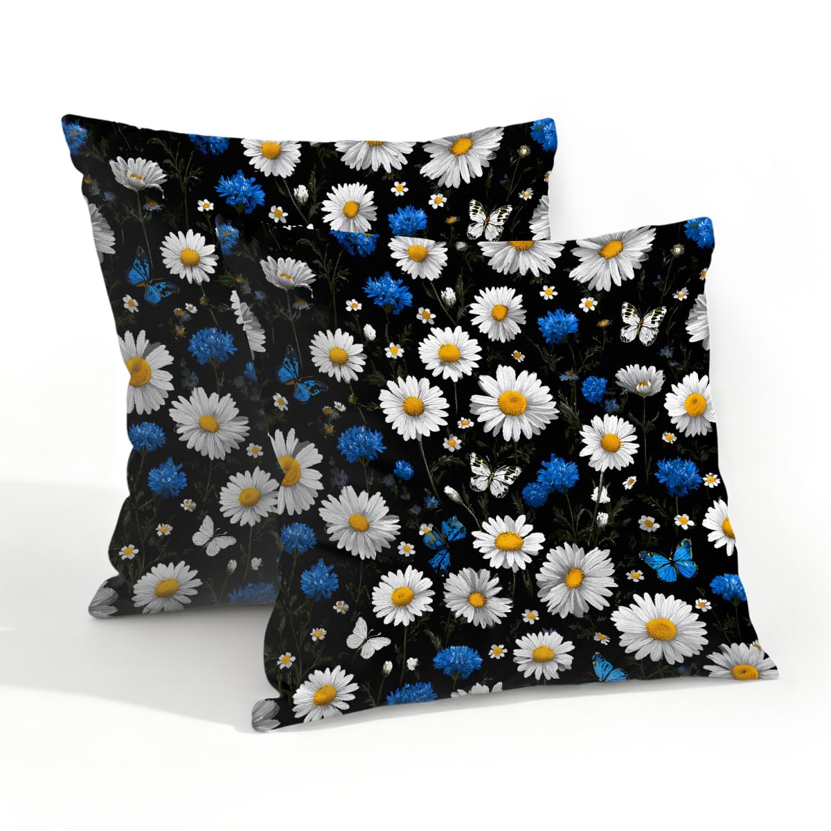 Outdoor Pillow Covers Waterproof Pillowcases 20x20in Set of 2 Daisy Floral Wildflowers On Black Decorative Throw Cushion Case for Couch Sofa Garden Patio Furniture