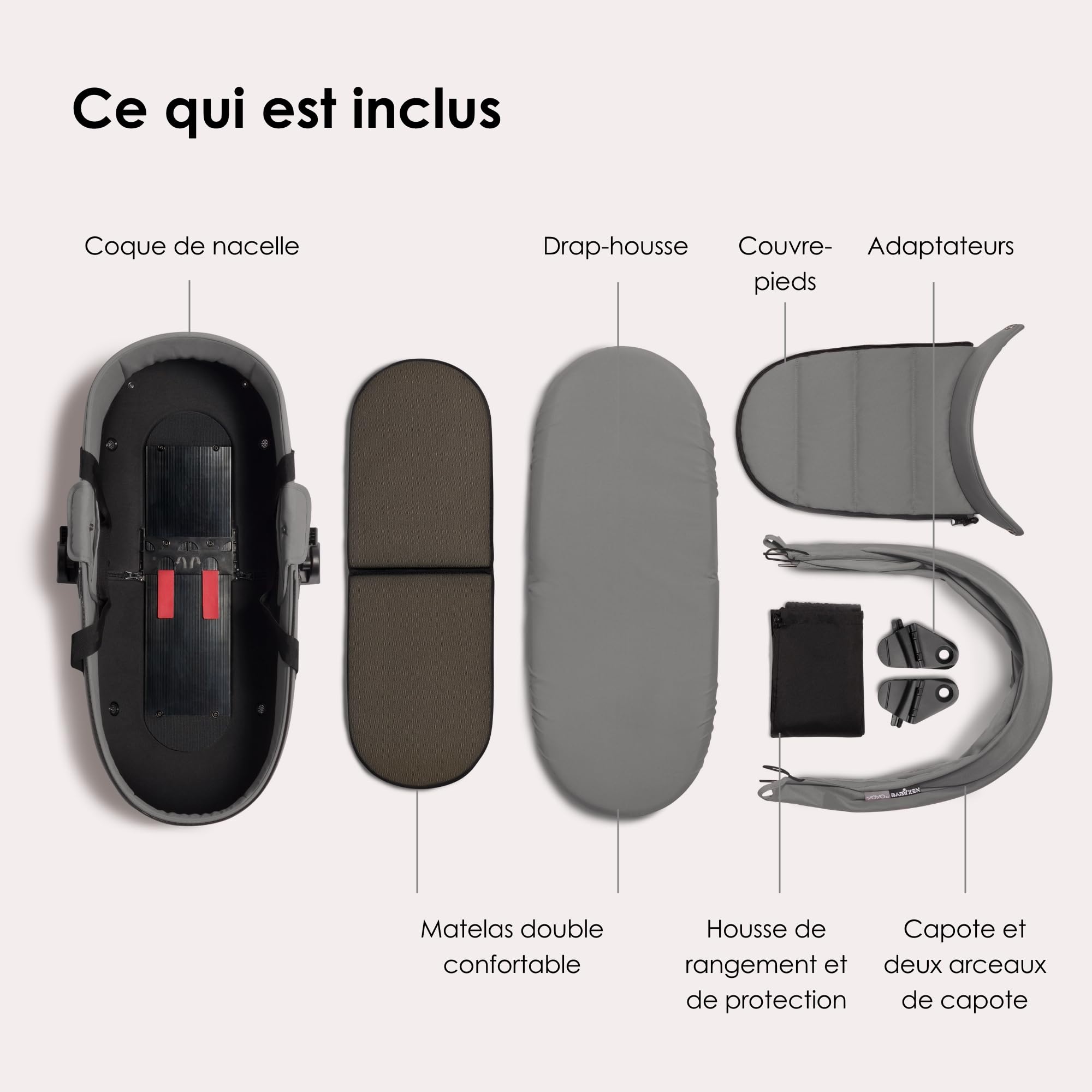 Babyzen Nacelle YOYO, Gris - Comprend Un Double Matelas épais, Une Coque et Une Capote ventilées - Nécessite Un Cadre YOYO2 (Vendu séparément)