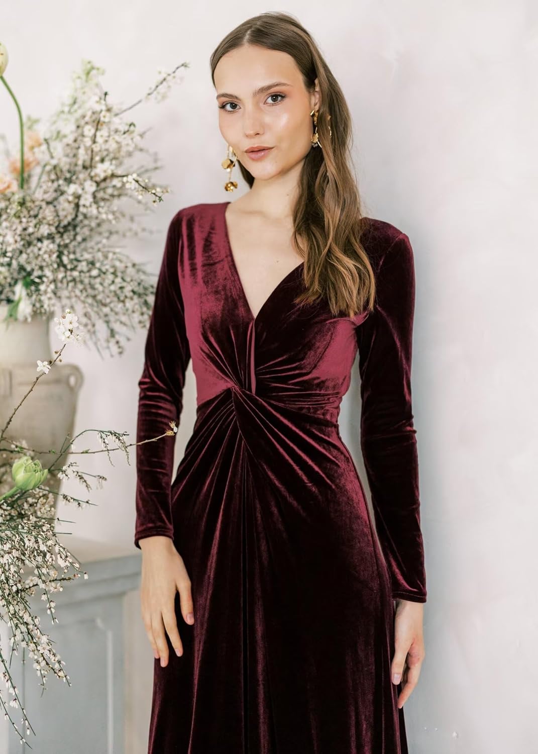 Velvet Long Sleeve Wedding Guest Dresses Empire Waist V Neck Bridesmaid Formal Gowns
