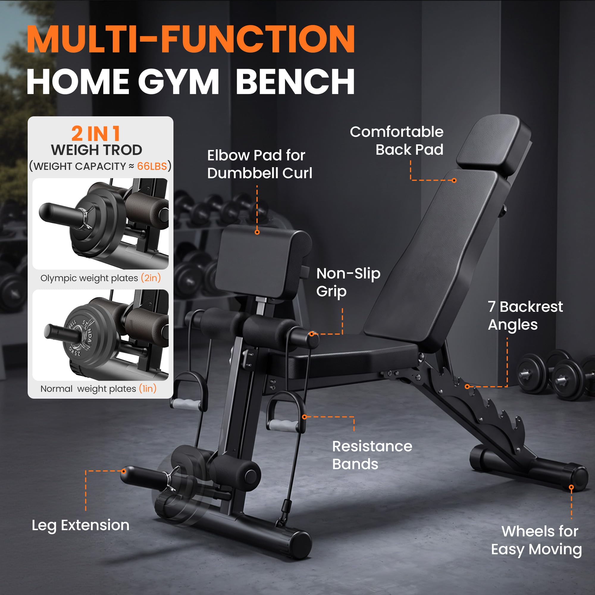 Adjustable Workout Bench, Weight Bench for Home Gym, Preacher Curl Bench with Leg Extension for Full Body Training Fitness, Foldable Incline Flat Decline Sit Up Bench Equipment for Bench Press Dumbbell Exercise with Wheels