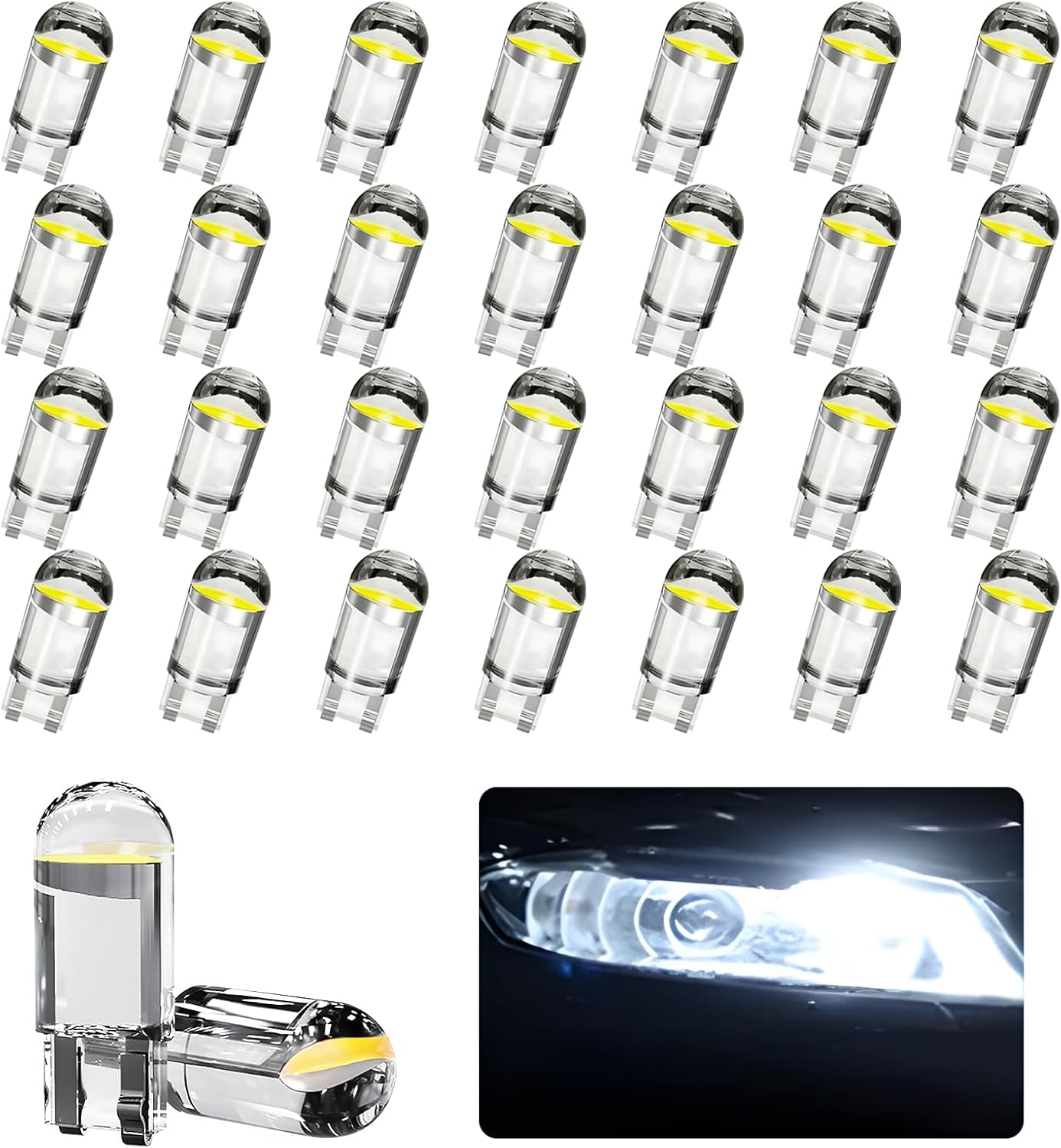 30PCS 194 Car LED Light Bulbs, T10 Interior Lights Bulb Replacement, Error Free 168 2825 W5W Wedge COB LED Bulbs, Universal for Car Dome Map Door Courtesy License Plate Light (White)