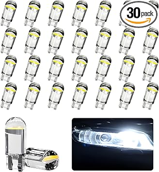 30PCS 194 Car LED Light Bulbs, T10 Interior Lights Bulb Replacement, Error Free 168 2825 W5W Wedge COB LED Bulbs, Universal for Car Dome Map Door Courtesy License Plate Light White