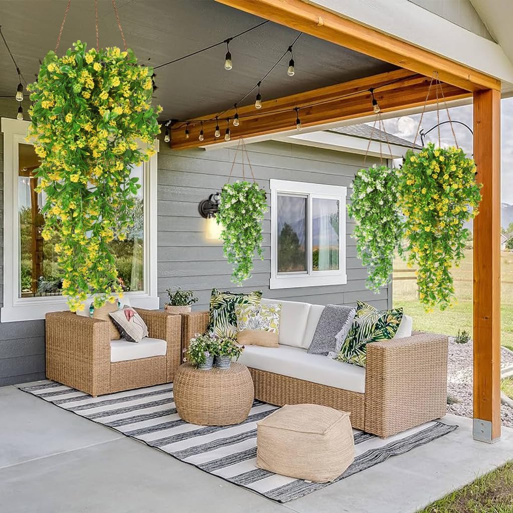 RECUTMS Hanging Plants Fake Vines Fake Hanging Plants Outdoor Greenery Faux Greenery 2Pcs Artificial Hanging Flower for Outdoors Hanging Basket Plastic Home Garden Wedding Party Decorations(Yellow)