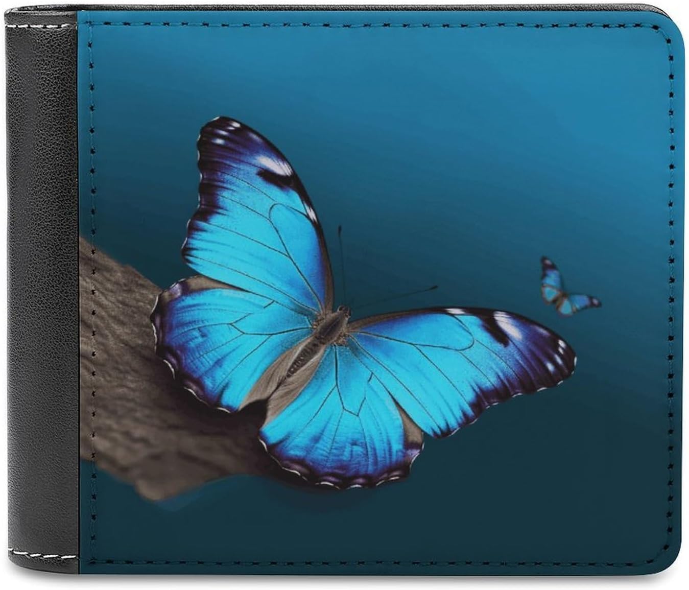 Beautiful Blue Butterfly Leather Wallet for Men Extra Capacity Travel Wallets Thin Stylish Bifold Wallet Minimalist Front Pocket