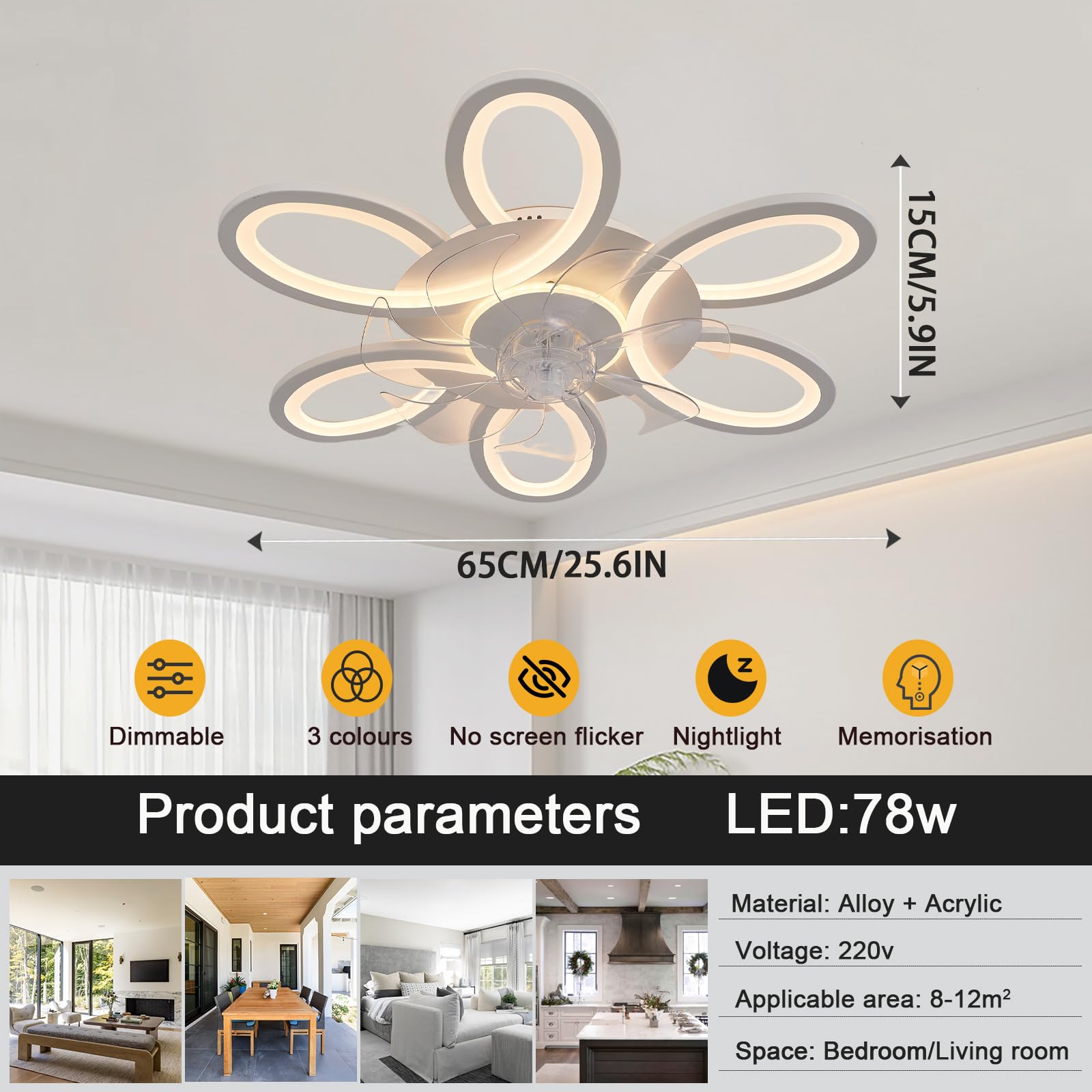 Lampadario Con Pale 65cm Per Camera Da Letto, Lampadario Ventilatore Reversibile 6 Velocità, Silenzioso LED Dimmerabile ventola Soffitto Con Luce, Funzione Di Memoria E Telecomando, Bianco