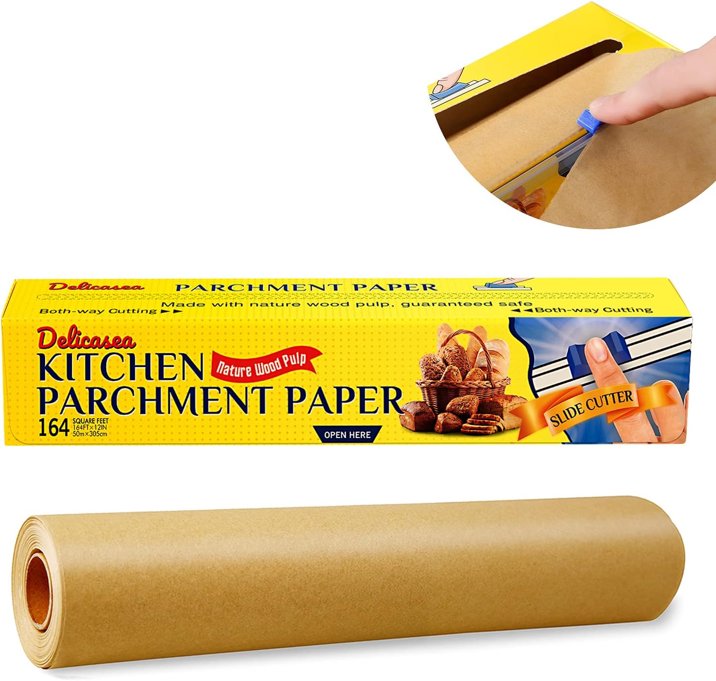 Delicasea 250 SQ FT Parchment Paper Roll 15 in x 200 ft with Slide Cutter, Unbleached Baking Paper Roll for Cooking, Roasting, Grilling: Kitchen & Dining