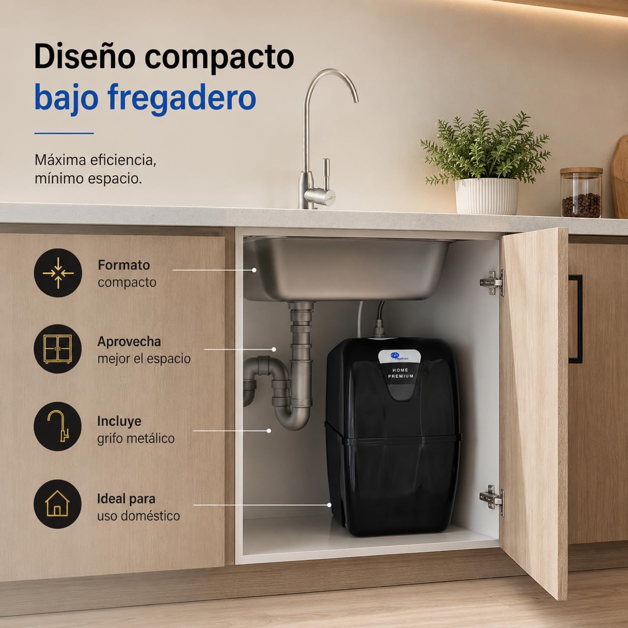 Bbagua Home Premium. Equipo de Osmosis Inversa Compacta de 5 Etapas, doméstico con Bomba de presión. Fácil Instalación bajo encimera y cambio de Filtros