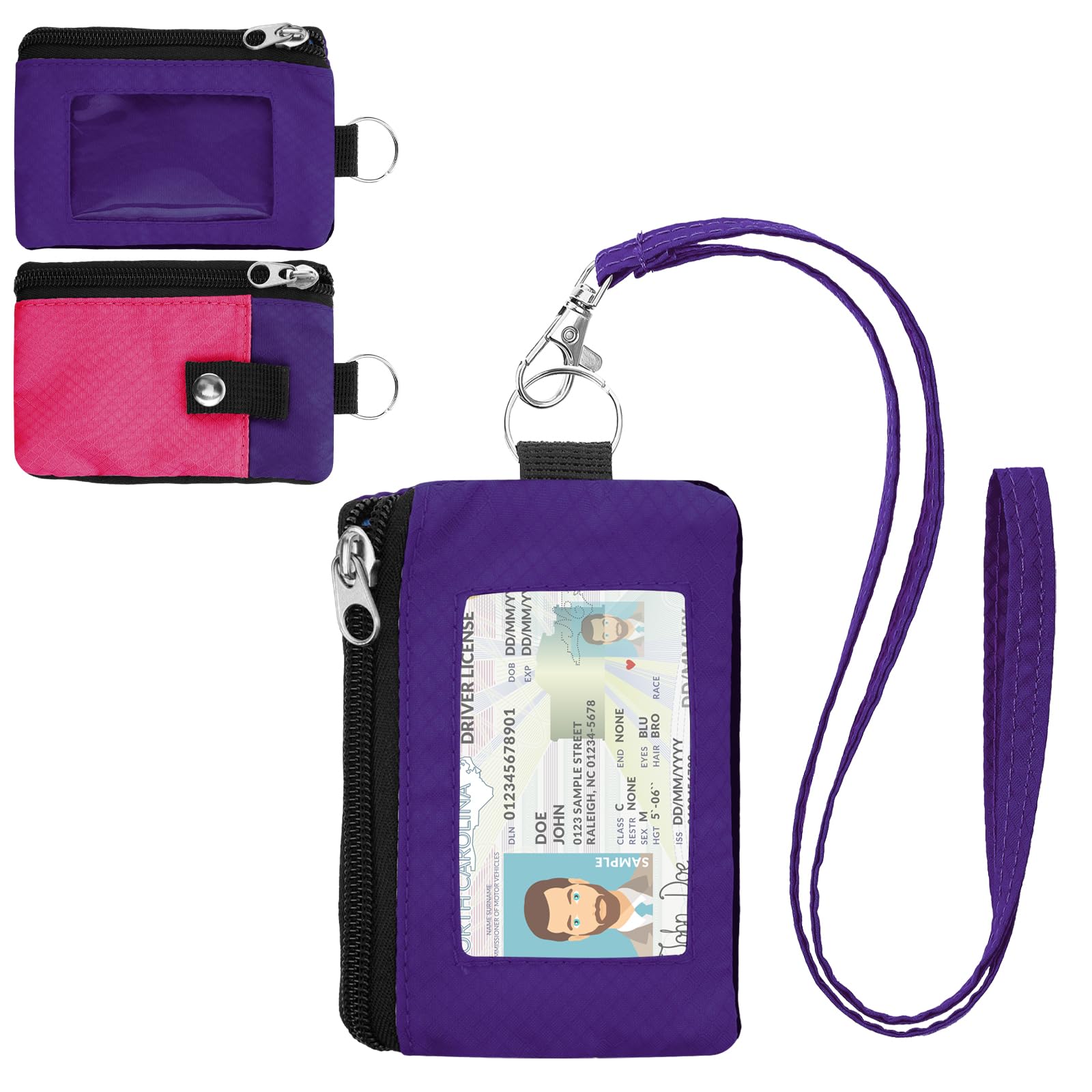 Minimalist RFID Wallet with Lanyard, Multi-functional ID Case with 2 Zipper Pockets and Key Chain for Men and Women, Tactical Badge Pouch Cards Holder, Coin Purse for Travel Sports - Purple&amp;Rose
