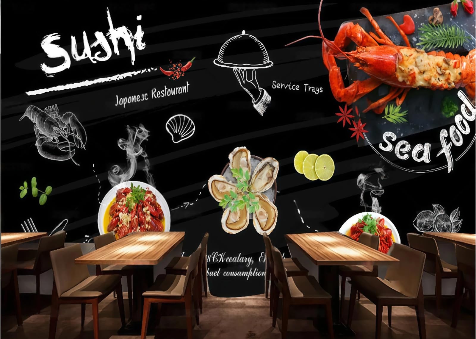 Xdoubao 3D Wallpaper Blackboard Hand-Painted Seafood Restaurant Sushi Snack Bar Afternoon Tea Western Restaurant Background Wall Wallpaper Coffee Shop Mural,,300X210cm