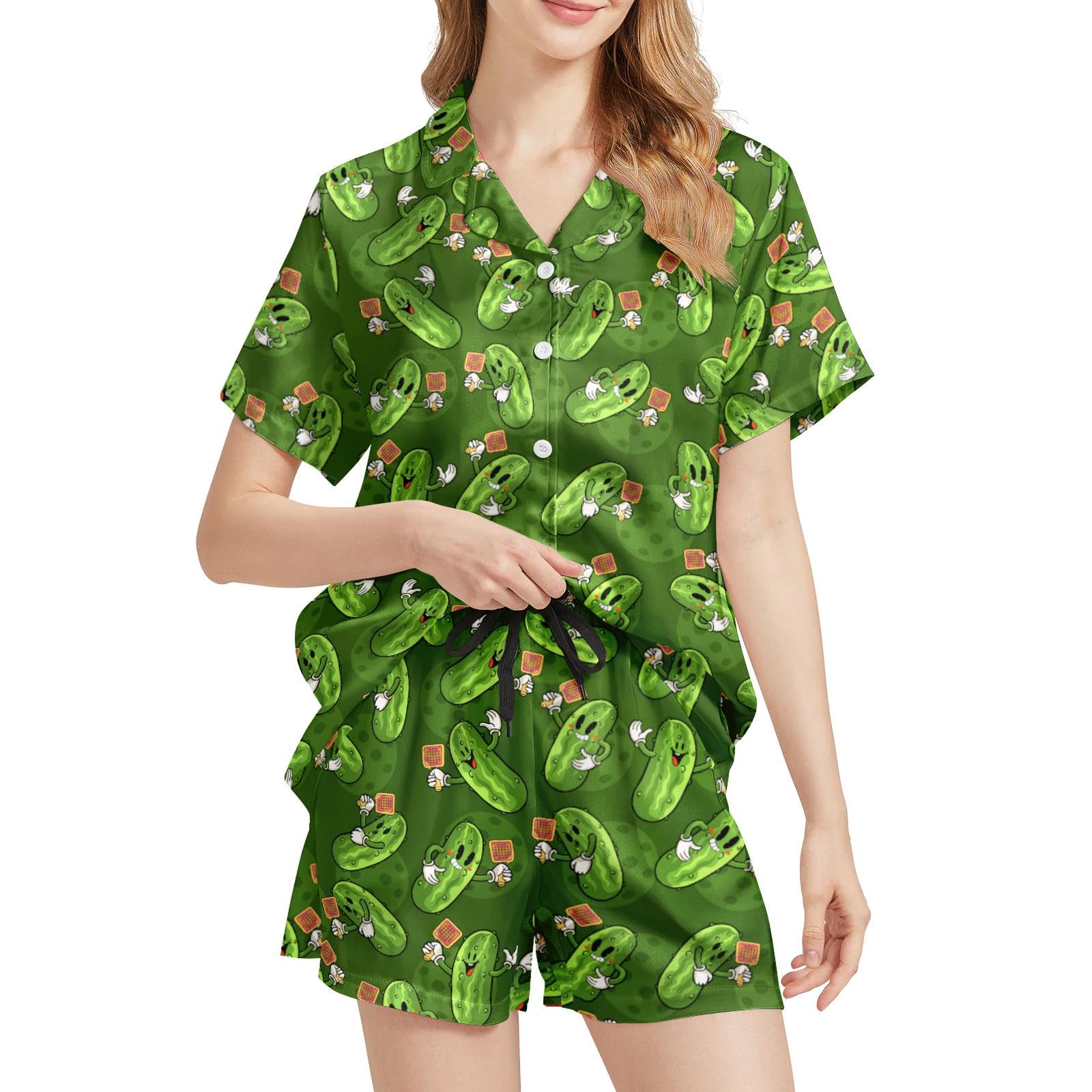 Funny Pajamas for Women Set Print Satin Loungewear Pjs Short Sleeve Button Down Top and Shorts Sets Sleepwear XS-3XL