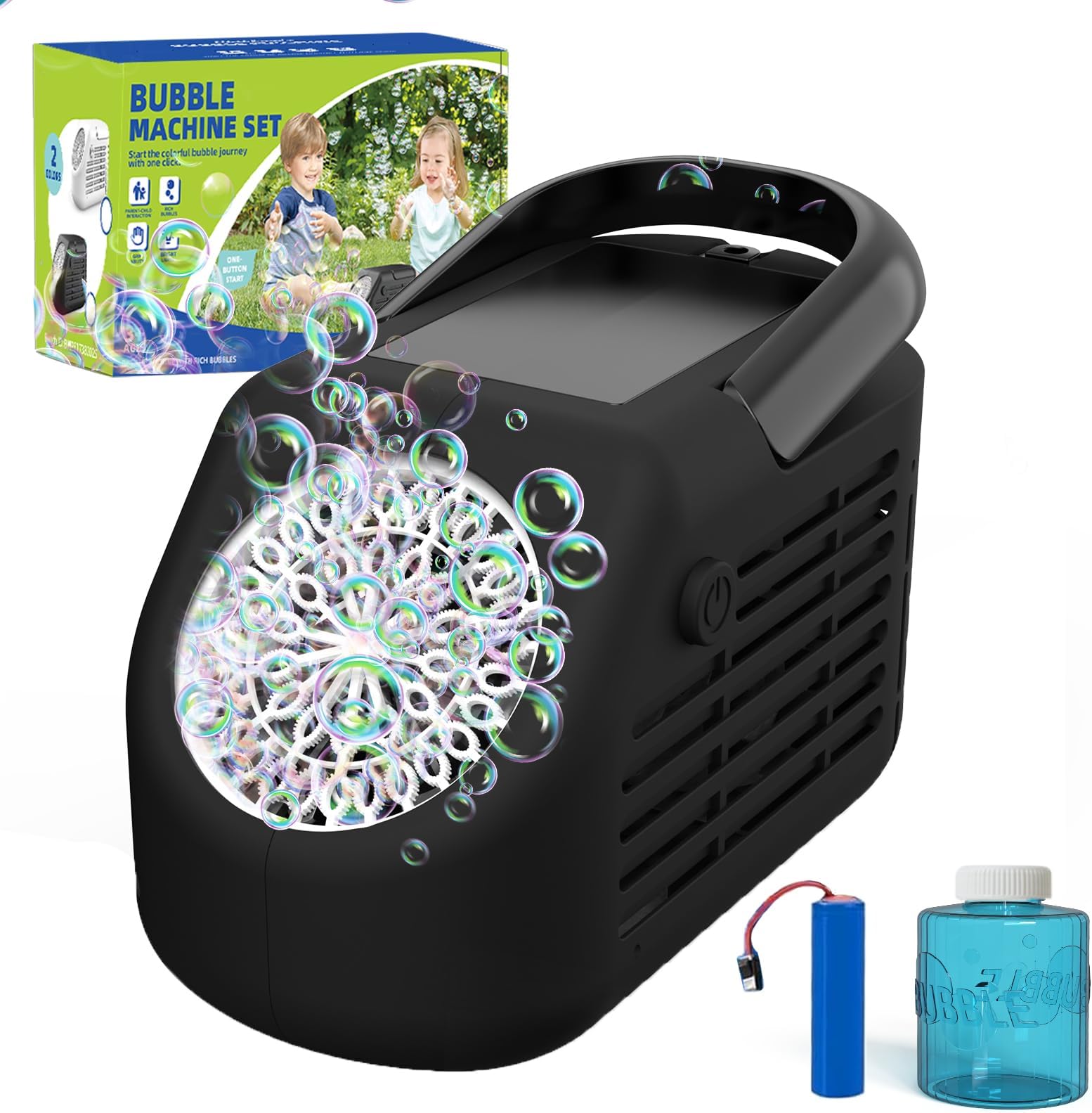 Babuloo Upgraded Automatic Bubble Machine, Electric Bubble Blower for Kids 42 Bubble Holes with 20000+ Bubbles/Rechargeable Battery/Bubble Solution, Portable Bubble Toy for Outdoor Wedding Party-Black