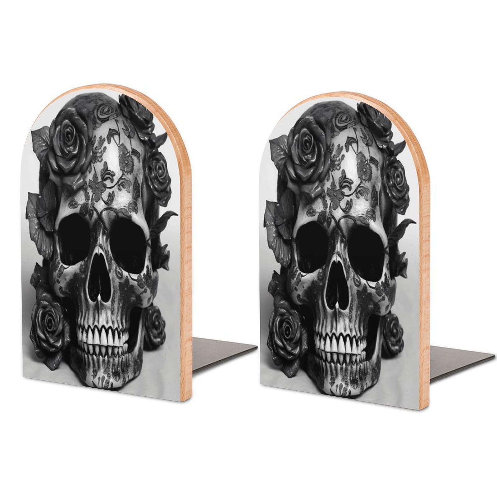 Sujetalibros de madera modernos con diseño de calavera negra y rosa para estanterías