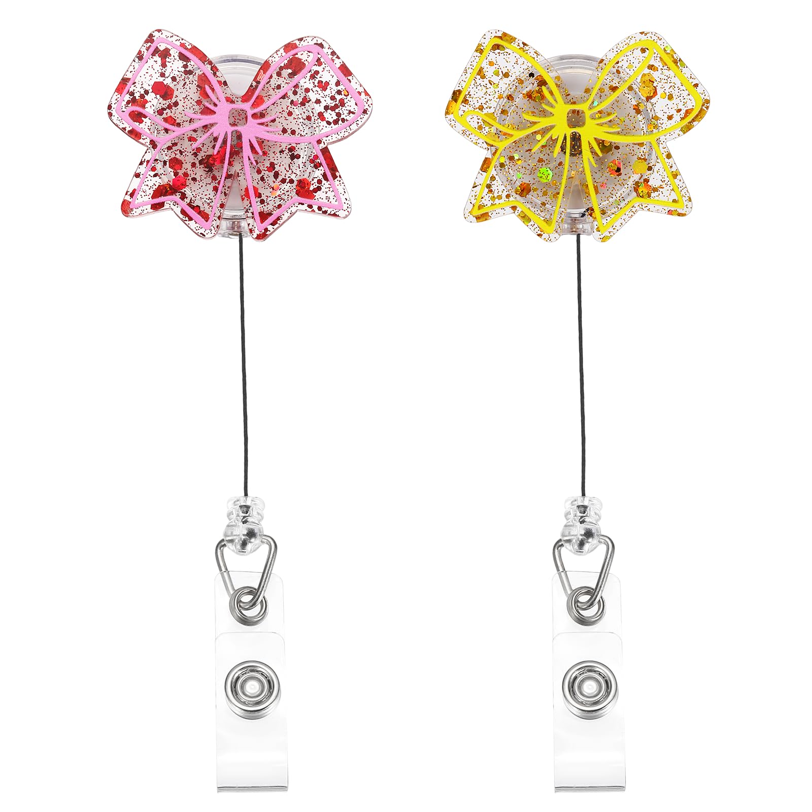 PATIKIL Bow Badge Reel, 2 Pcs Acrylic Bow Badge Holder 1.93"x1.54" ID Name Holder Reels Accessories with Retractable Cord & Alligator Clip for Office Worker Teacher, Gold/Red