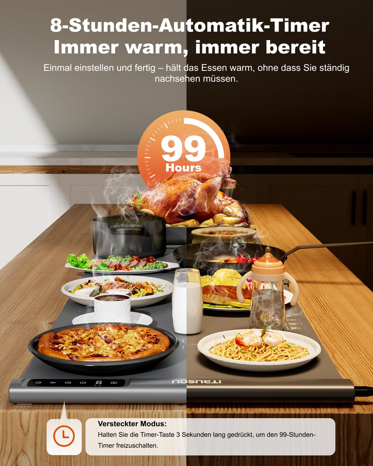 Erweiterbare Silikon-Warmhalteplatte 106,7 x 40,6 cm elektrisches Heiztablett 2-teilig aufrollbar