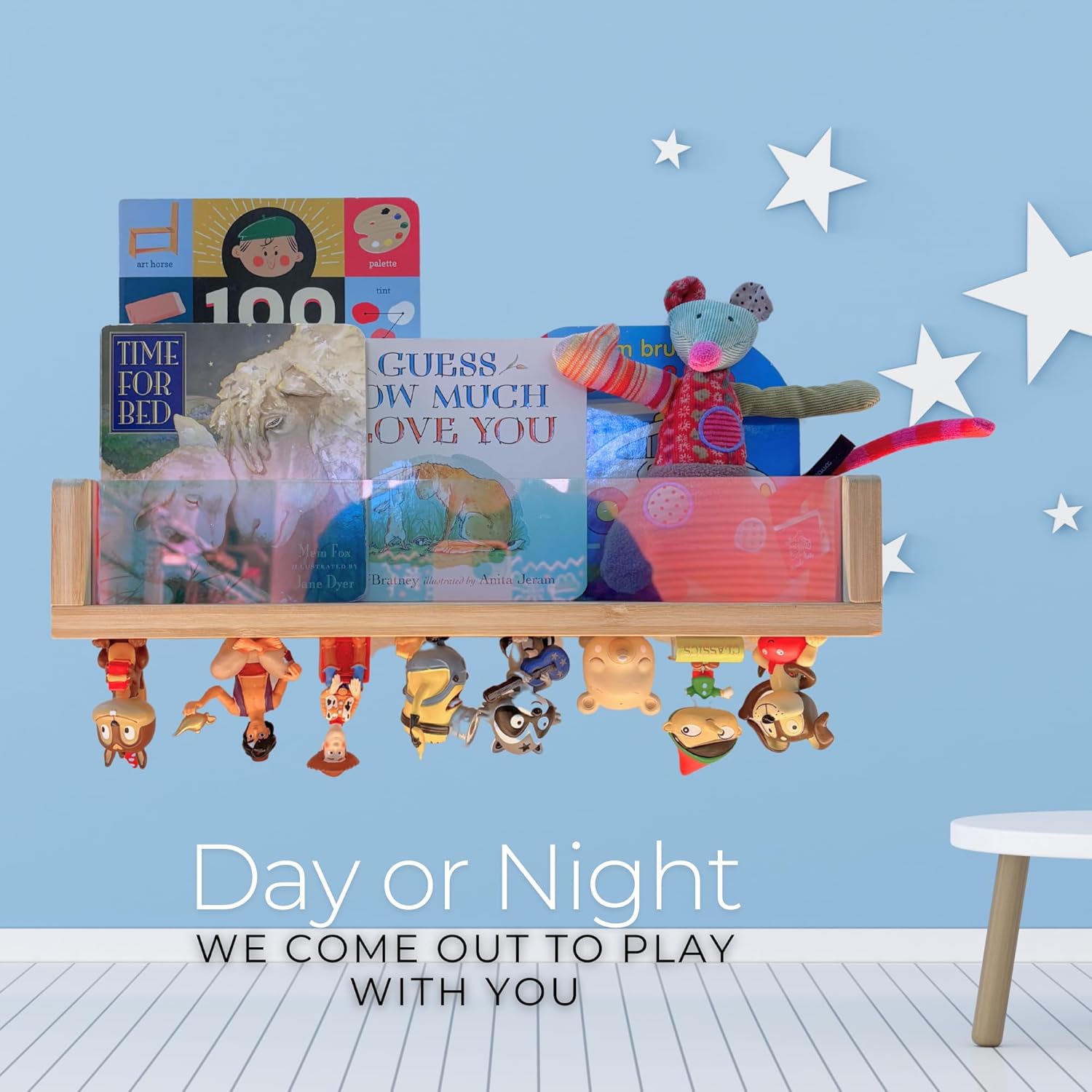 BigStep Magnetic Shelf for Tonies Figures – Iridescent Acrylic Front Panel with Metal Strip to Hold Tonie Characters – Floating Kids Room Display