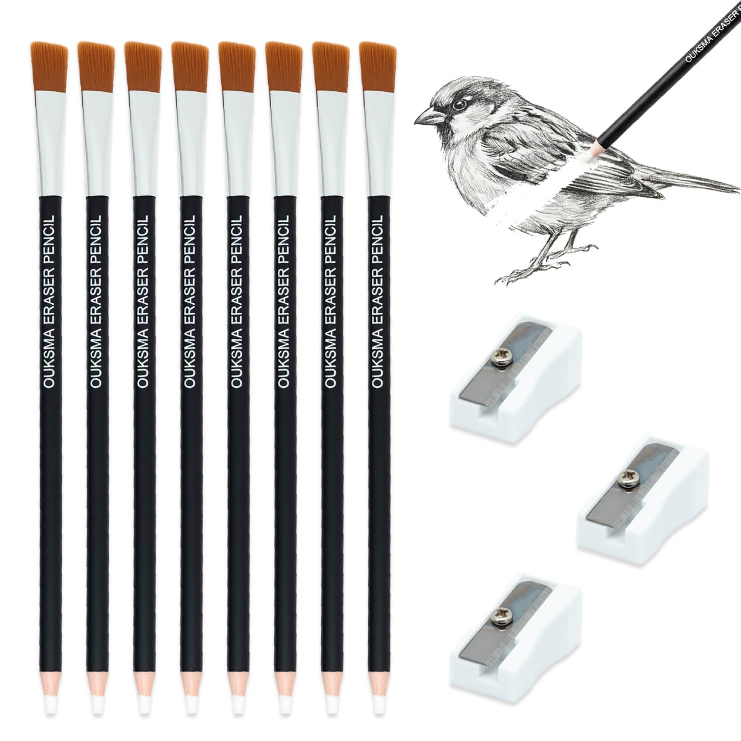 Eraser Pencil Set with Brush and Sharpener, Precision Detail Erasers for Sketching, Drawing, Highlights, Texture Shaping, Art Supplies (8 Eraser Pencils + 3 Sharpeners)