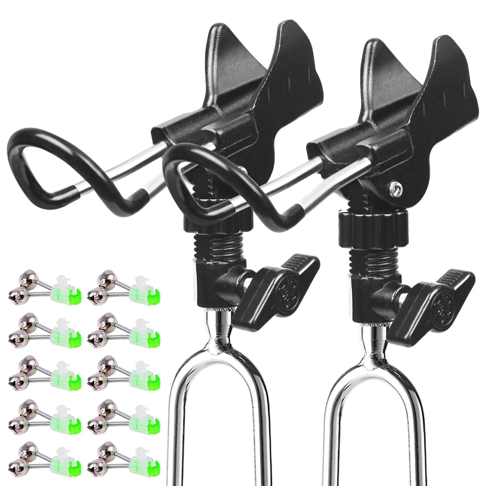 Aluminum Bank Fishing Rod Holder 2 Pack with 10 Fishing Bells - Heavy Duty Ground Spike Fish Pole Stand Rack for Shore, Surf, Beach Fishing - Great for Men