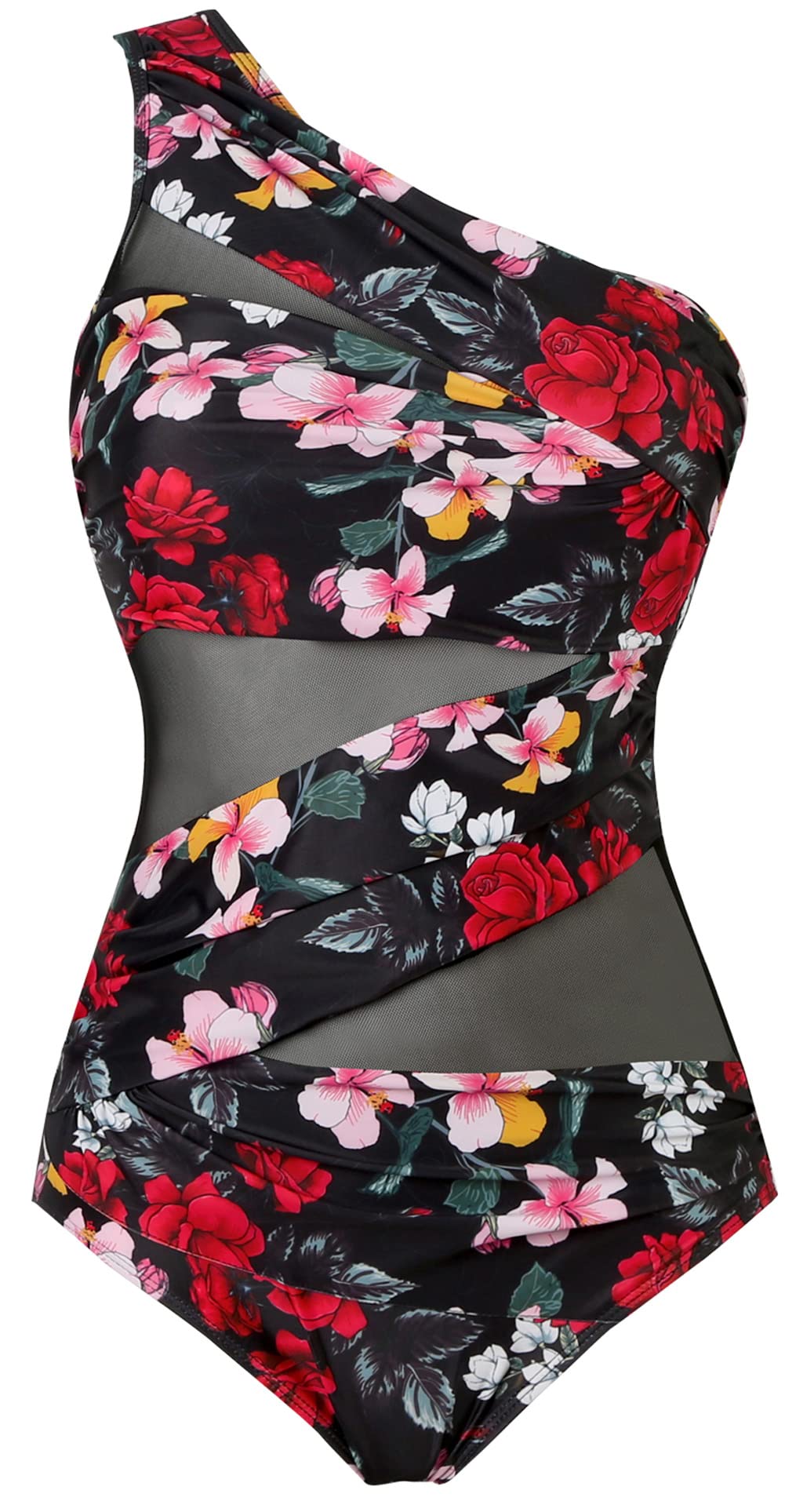 Runtlly Women's One Piece Swimsuits One Shoulder Plus Size Swimwear Bathing Suit with See Through Mesh Style