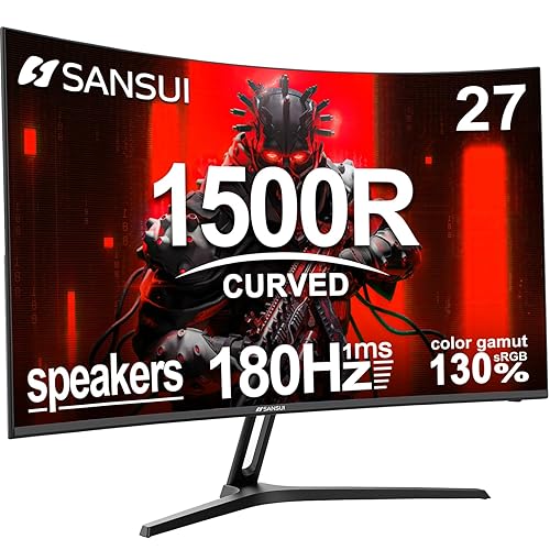 SANSUI 27 Inch Curved Gaming Monitor 180Hz 1ms with Speakers FHD 1080P Computer Monitor FreeSync|1500R|130% sRGB|HDR|Low Blue Light|HDMI DP Ports|VESA Mount|Metal Stand(ES-G27C1 HDMI Cable Included) - 27 Inch Curved 1500R - 180Hz /Speakers/HDMI+DP