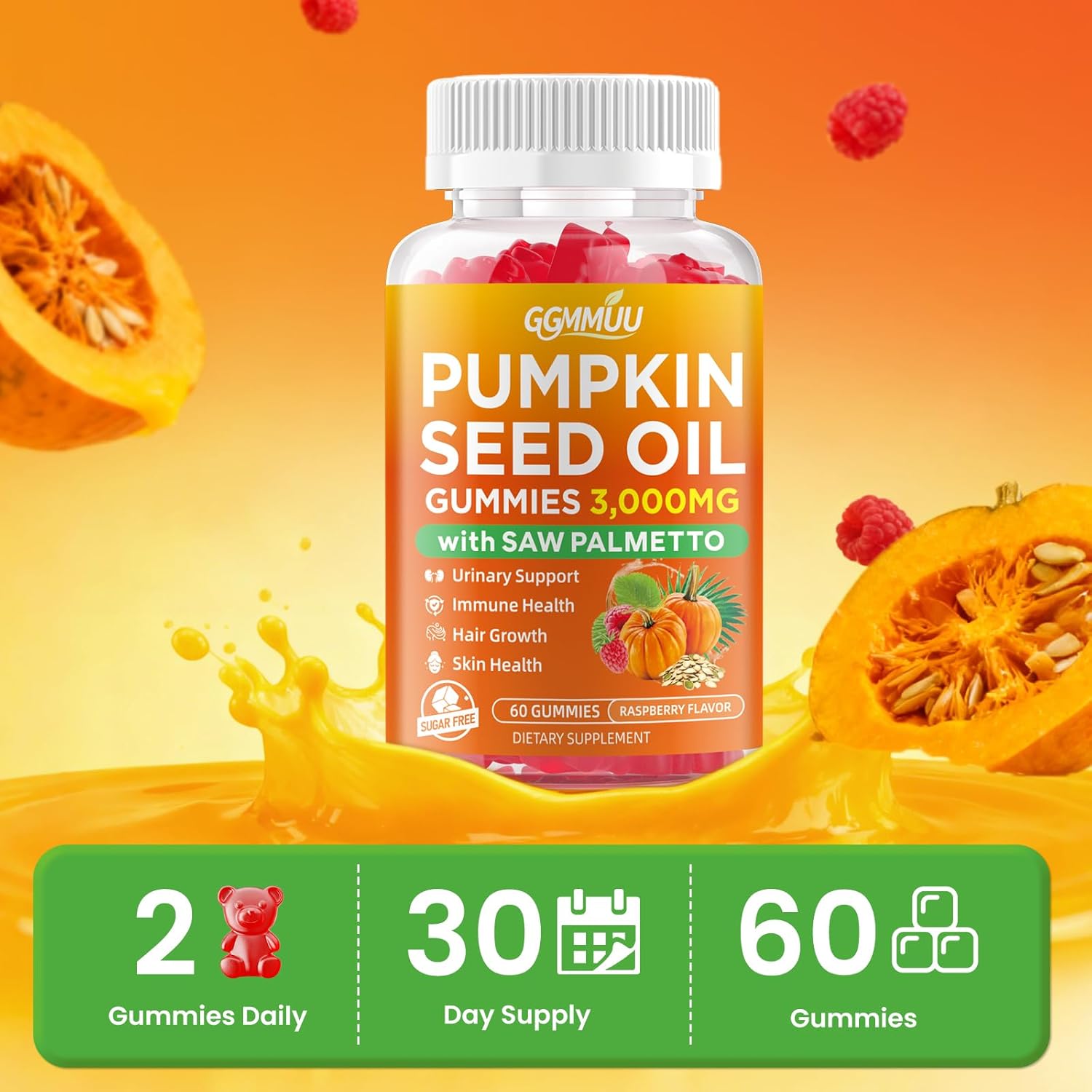 Pumpkin Seed Oil Gummies with Saw Palmetto, 3000mg Per Serving Pumpkin Seed Oil Supplement for Hair Growth, Skin Health, High Pure Extract for Women & Men, Vegan, Raspberry Flavor, 60 Count - Image 4