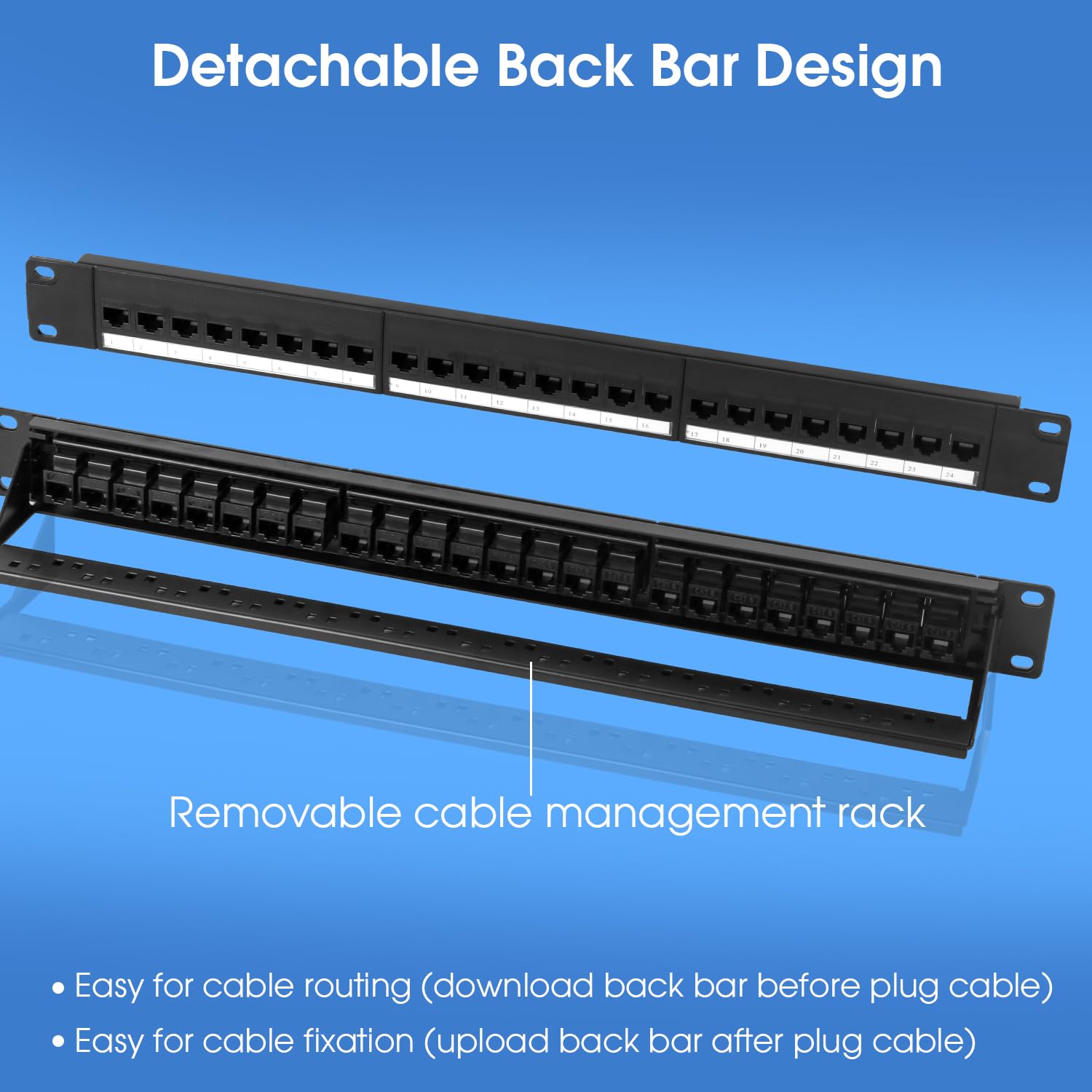 Panneau de brassage Keystone 24 ports, panneau de brassage réseau RJ45 1U 48,3 cm avec barre arrière, chargé avec 24 coupleurs Cat6 (noir)
