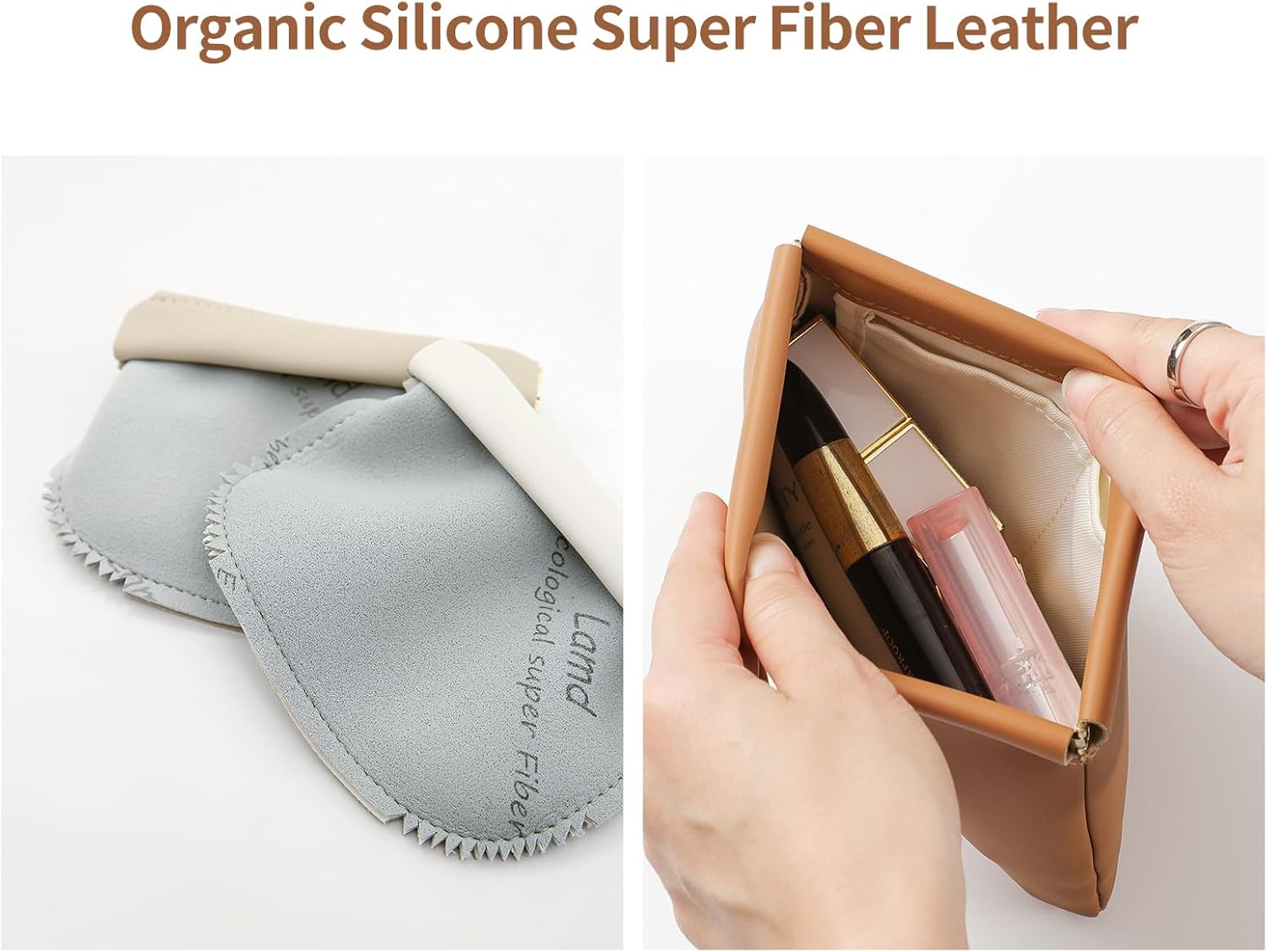 2 Pack Small Makeup Bag for Women, New Organosilicon Super Fiber PU Leather Mini Cosmetic Bag for Travel, Coin Purse Organizer Storage Pouch (Brown) - Image 7