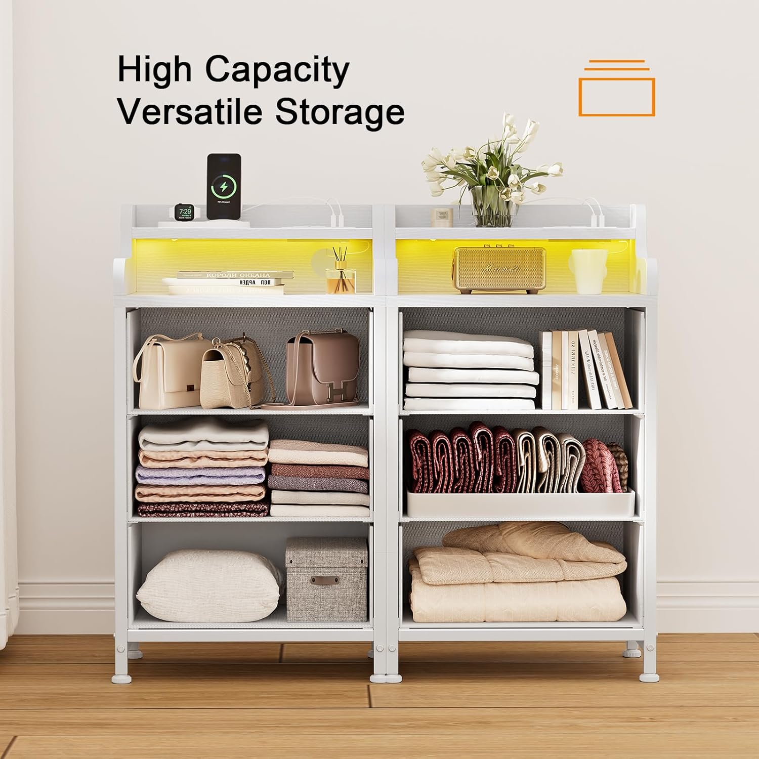 REAHOME Nightstand with Charging Station and LED Light, Tall White Night Stand with 3 Drawers and 2-Tier Shelf, Bedside Table with Sturdy Steel Frame Wood Top for Bedroom, Living Room - White 30D x 40W x 78H cm (3 Drawers) White