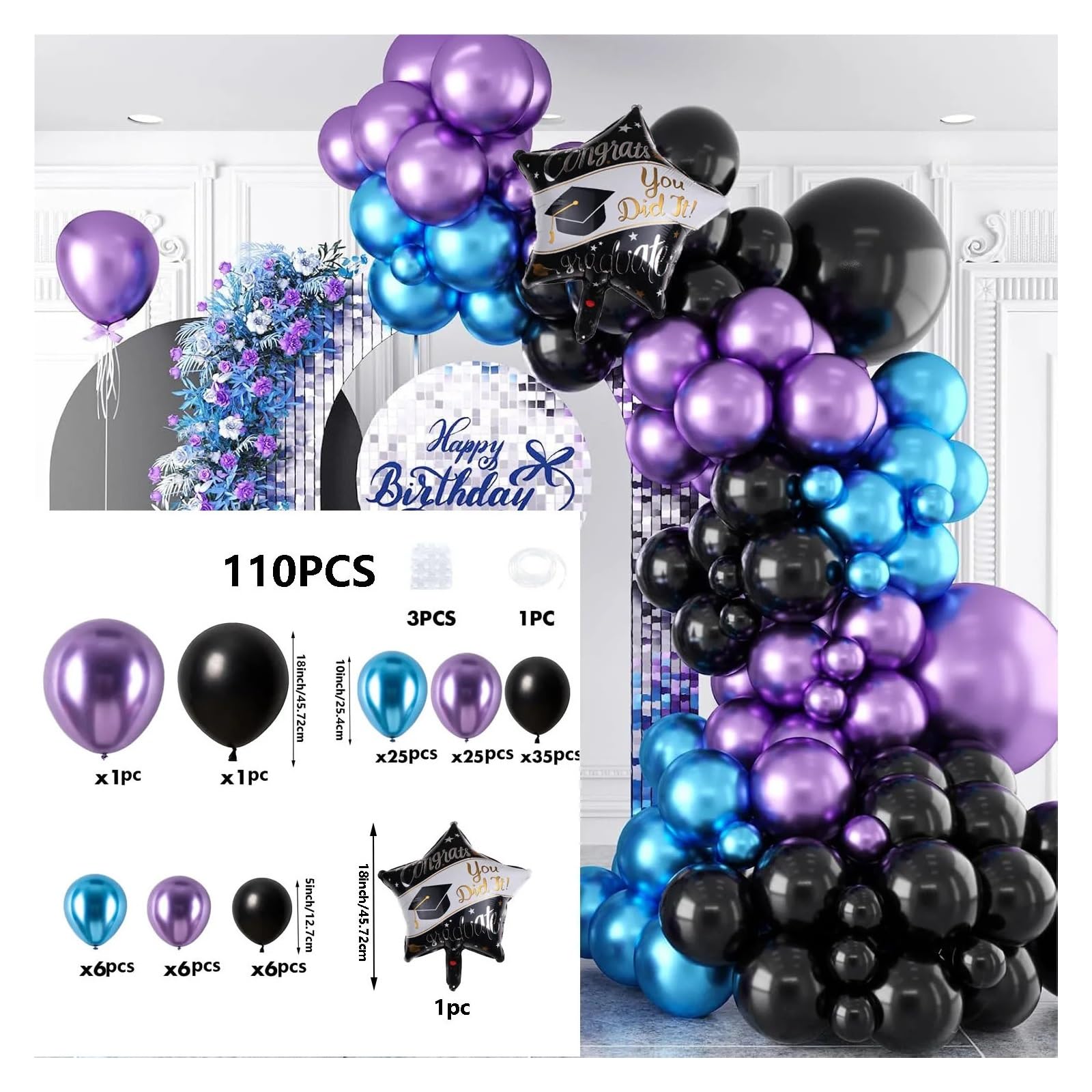 149-teiliges Ballonbogen-Kranz-Set In Schwarz, Lila Und Blau for Abschlussfeier, Hochzeit, Geburtstag, Party, Jahrestag, Dekoration Für Partys