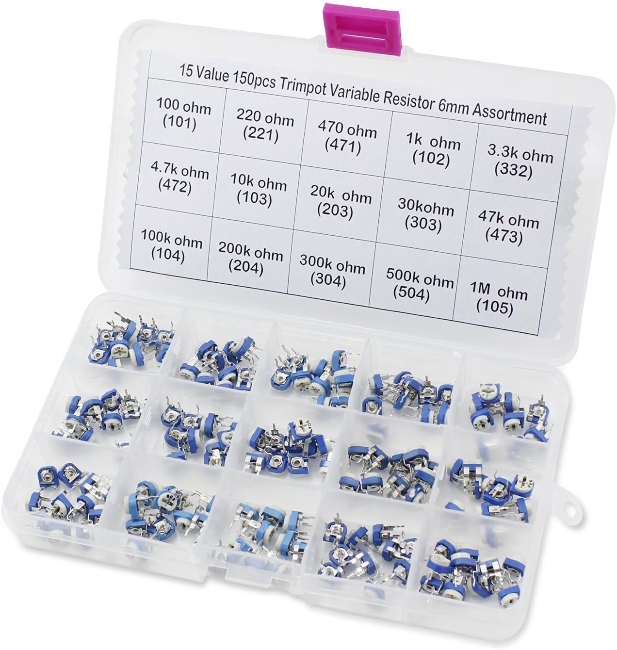 Aussel 15 Value 150 Pieces Trimpot Variable Resistor 6mm Assortment Box