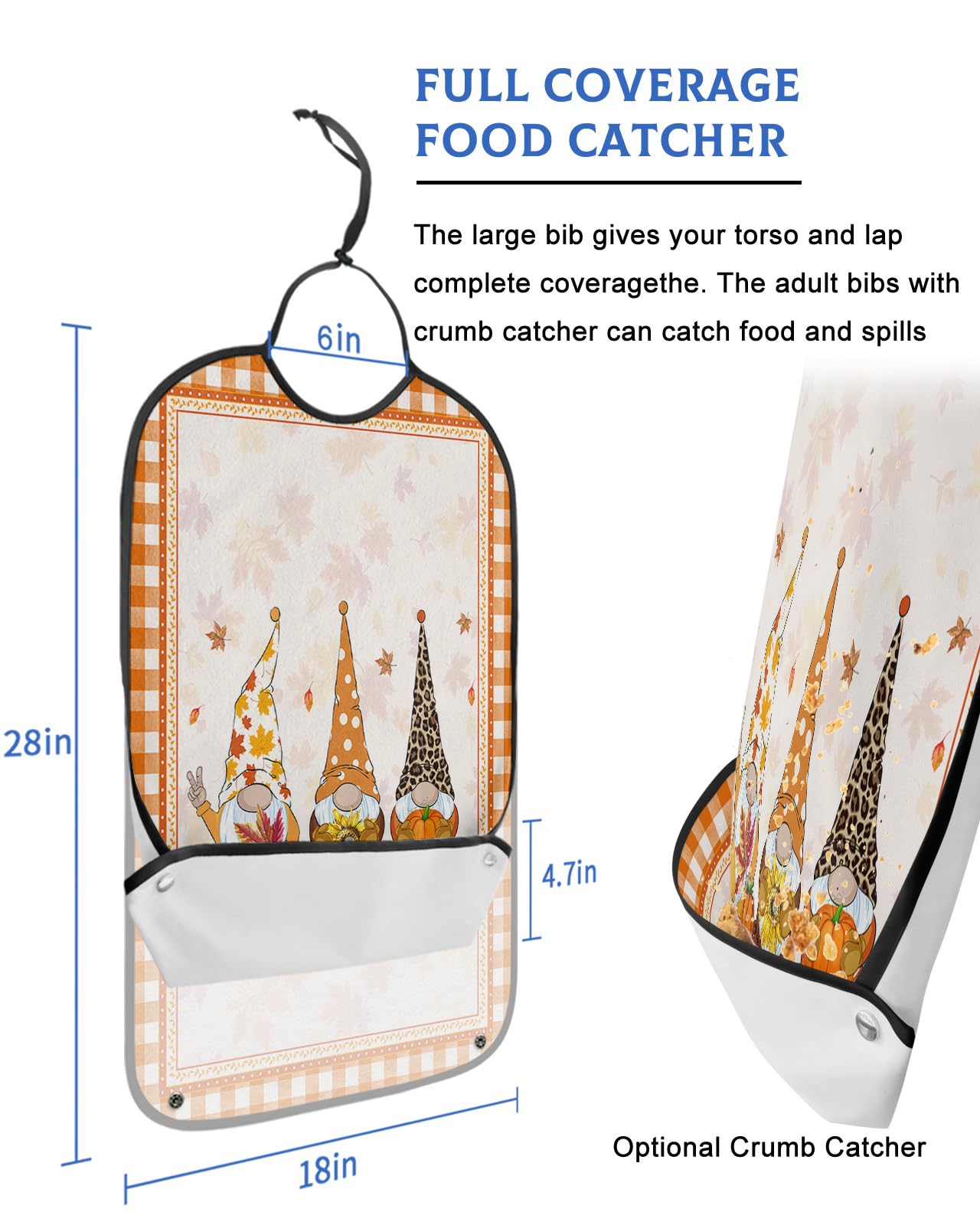 Thanksgiving Adult Bibs for Eating, Waterproof Bibs with Food Catcher & Adjustable Snap Closure, Fall Pumpkin Maple Leaf Gnomes Orange Plaid Clothing Protectors Adult Bibs for Elderly Women/Men