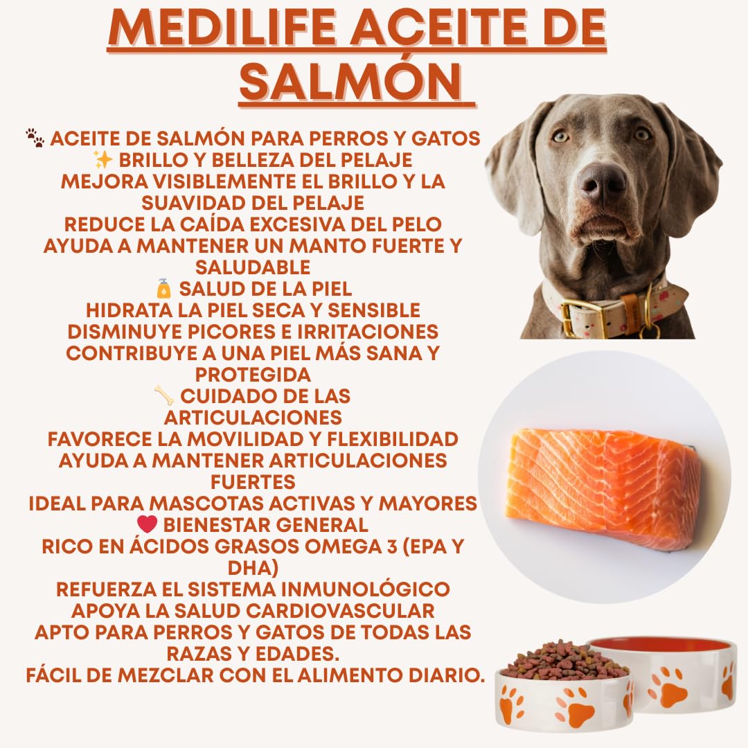 Medilife Aceite de Salmón Natural, 5L, Suplemento con Omega 3-6-9 y Vitaminas para Perros, Gatos y Caballos