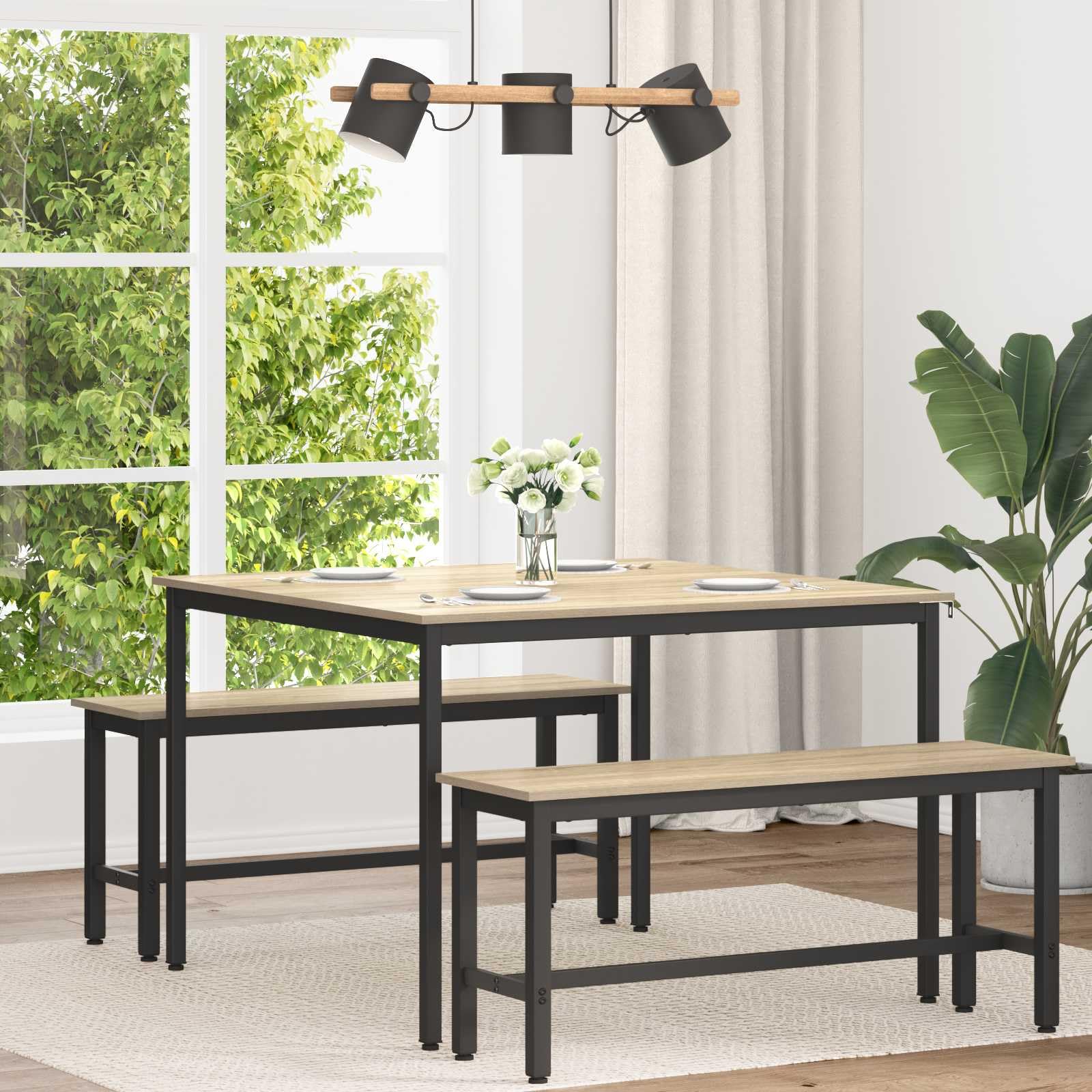 Table à manger moderne en métal et bois pour repas de famille chaleureux