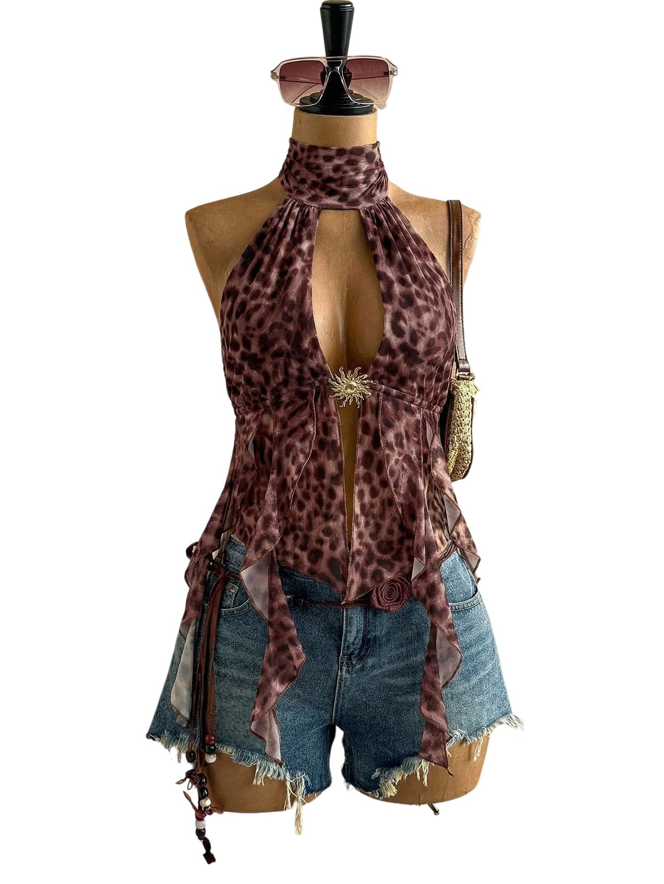 GORGLITTER Top estivo da donna Y2k con allacciatura al collo, motivo leopardato