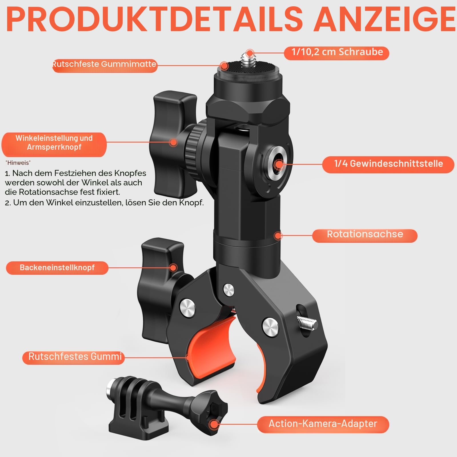 UNSTINCER Fahrrad Motorrad Lenker Kamera Halterung Schwerlast Klemme, Super Clamp mit 1/4 Gewinde und Action Cam Adapter, Selfie Stick Mount für Gopro Insta360 X5 DJI Akaso DSLR Monitor Stativ
