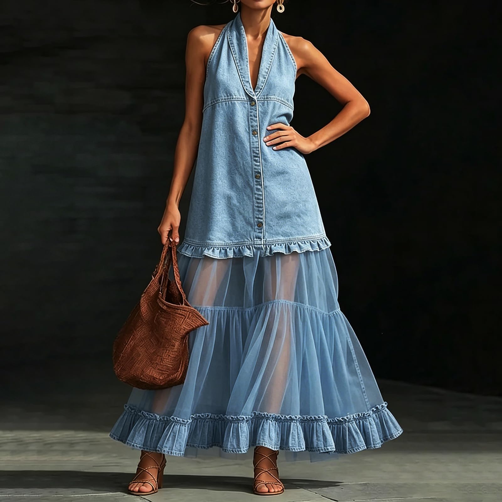 Vestido para Mujer Mangas con Panel De Encaje Volante Dobladillo En Vintage