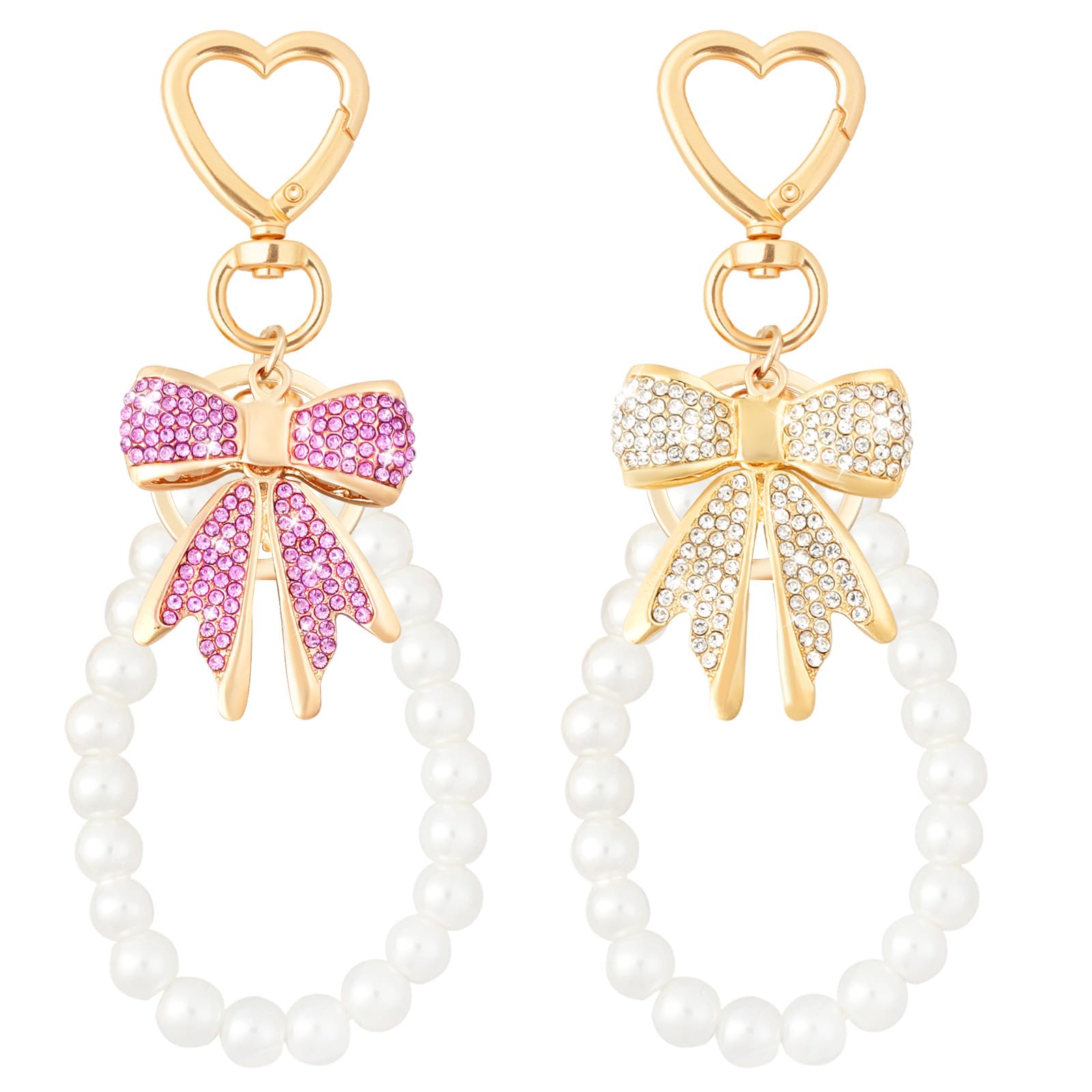 LLMSIX 2 Stück Schlüsselanhänger Schleife,Strass Schleifen Schlüsselanhänger,Imitation Perlenketten Aesthetic Bowknot Keychain,Elegant Cute Keychain Damen Handtaschenanhänger für Handtaschen