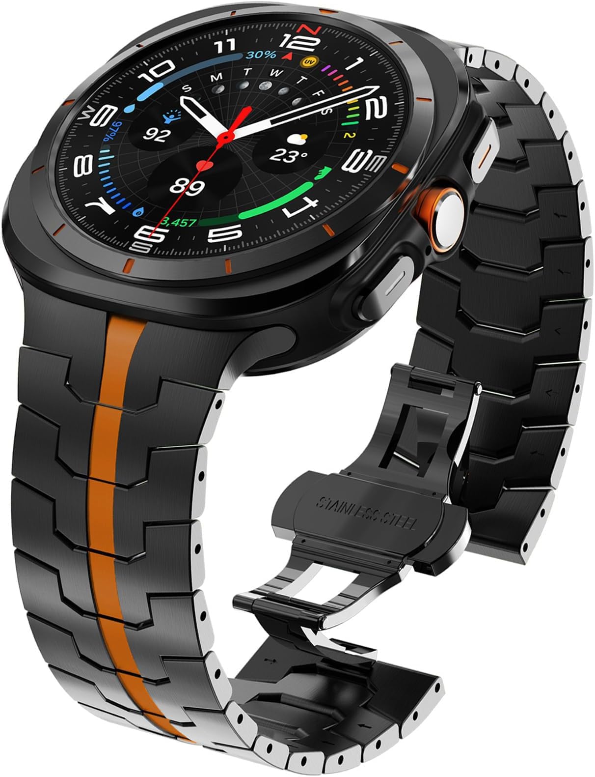 Metal Band for Galaxy Watch Ultra Bands 47mm 2025/2024 Men Rugged Durable Armor Stainless Steel Samsung Galaxy Watch Ultra Band Classy Casual Business Bands Butterfly Folding Clasp Black/Orange