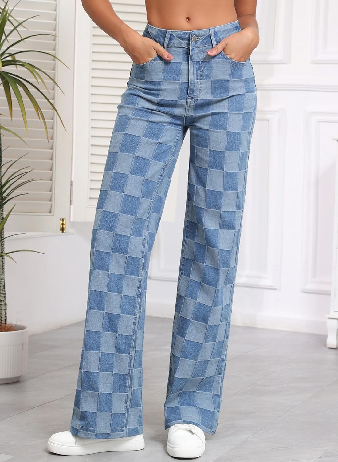 Sidefeel Women's Wide Leg Jeans High Waisted Stretchy Straight Leg Checkered Loose Denim Pants - Image 3