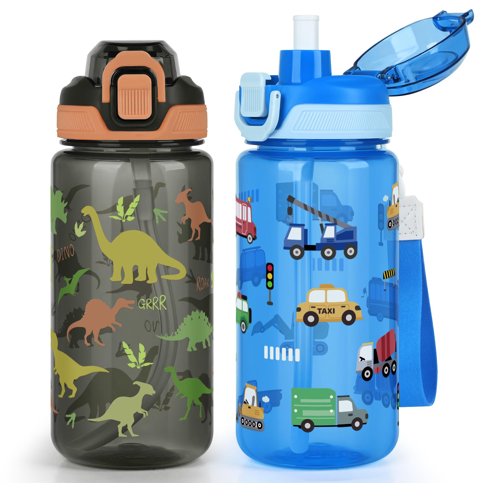 wooshwa Kids Water Bottle for School, 2-Pack 600ml Leakproof 2-in-1 Water Bottle with a Pop-up Detachbale Straw, Dishwasher Safe (Dinosaur/Transportation)