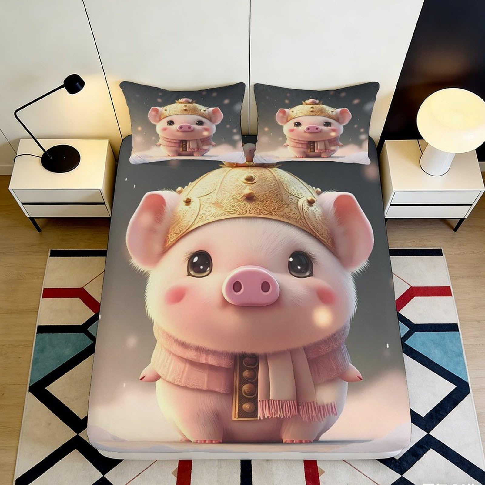 3D Printed Cute Pig Crown Fitted Sheet Microfiber Bed Cover Pink Cartoon Pattern for Bedroom Guest Room Dorm Decor 90x200x25cm