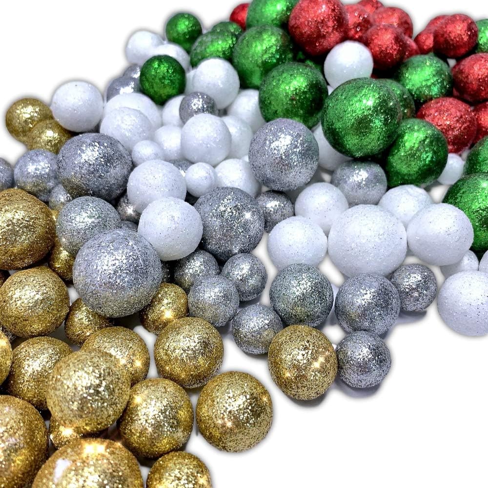 Multi Colored Glitterred Foam Balls- About 1250 Pieces - 250 Each of Silver Red Green Gold White - Vase Filler - Craft Accessory - Range from 3/8" to 3/4" D