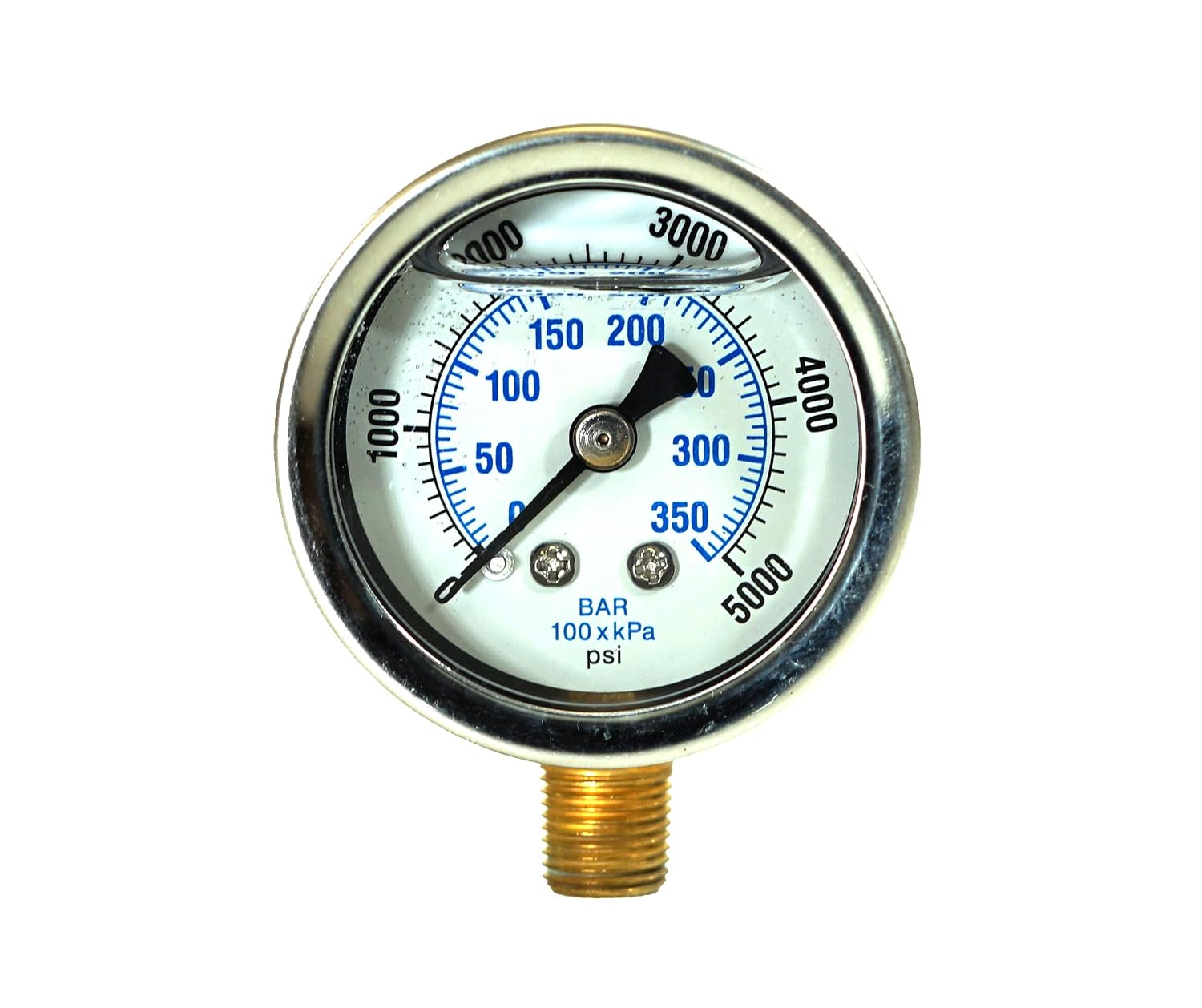 2 Pack of Liquid Filled Lower Mount Pressure Gauge with 1.5" Dial, 0-5000 PSI, 1/8" Male NPT Connection, Stainless Steel CASE and Bezel (2)