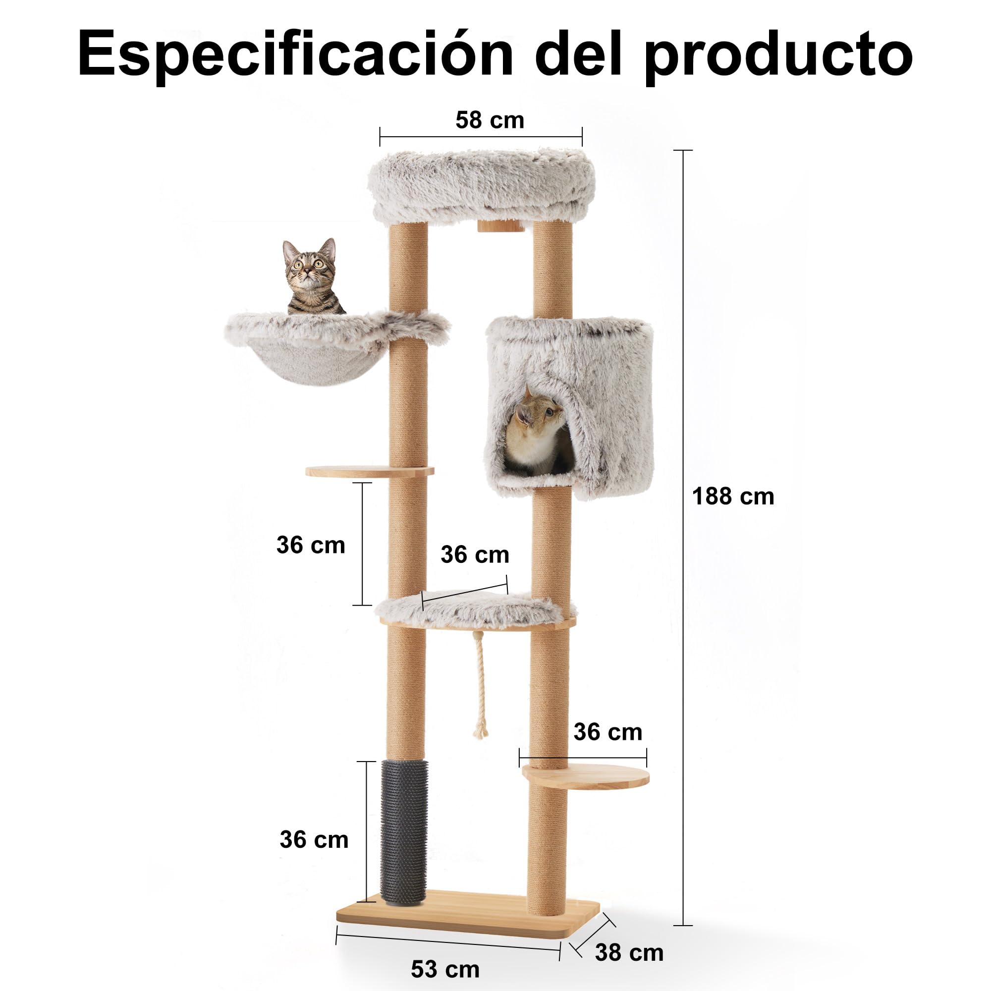 FUKUMARU Árbol rascador para Gatos 188 cm, Montaje en Pared, con Cama para Gato, Poste rascador, tapete rascador de Yute, árbol para Gatos de Madera de Goma Natural sólida, Felpa Suave, Gris Claro